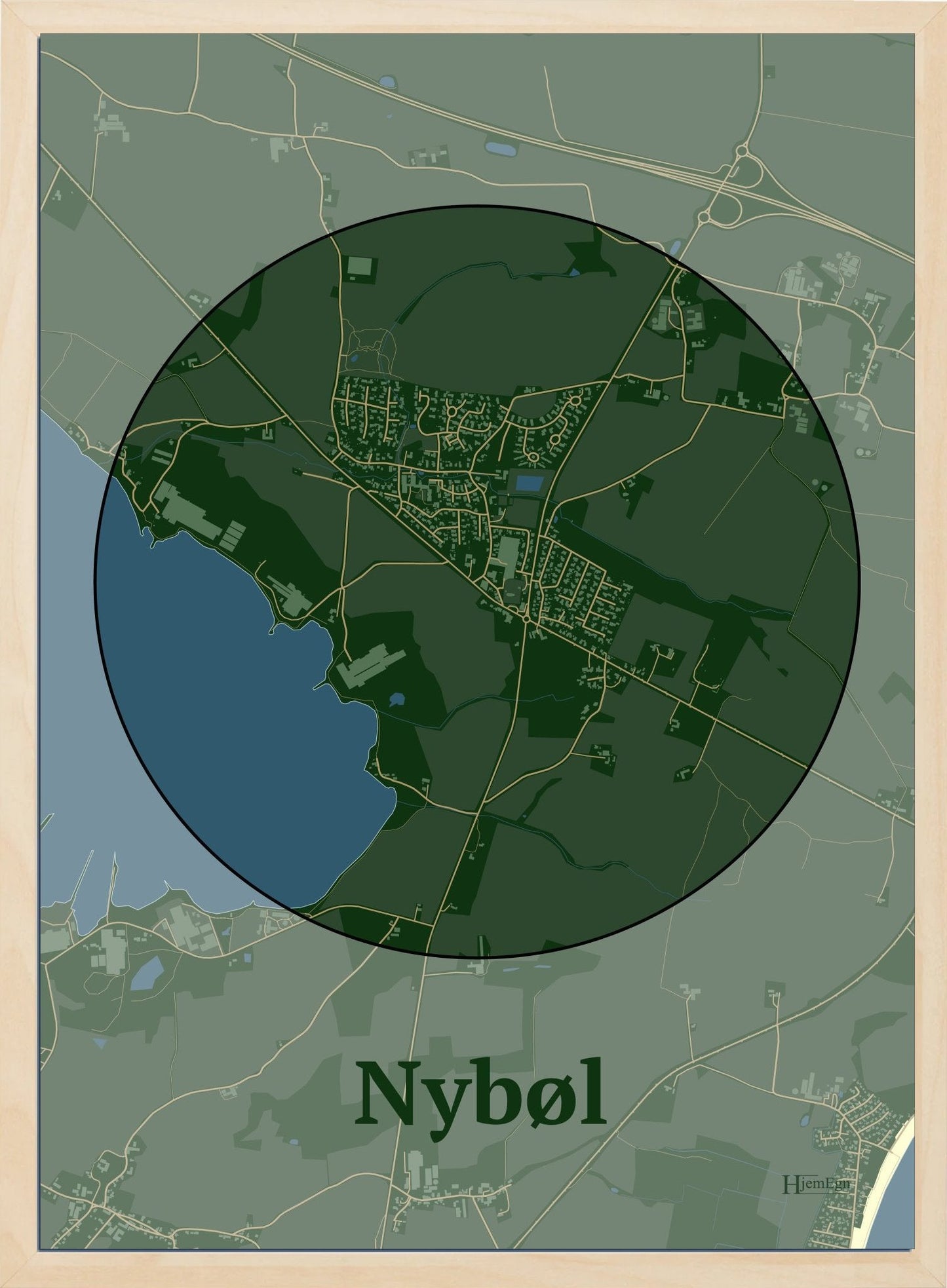 Nybøl plakat i farve mørk grøn og HjemEgn.dk design centrum. Design bykort for Nybøl