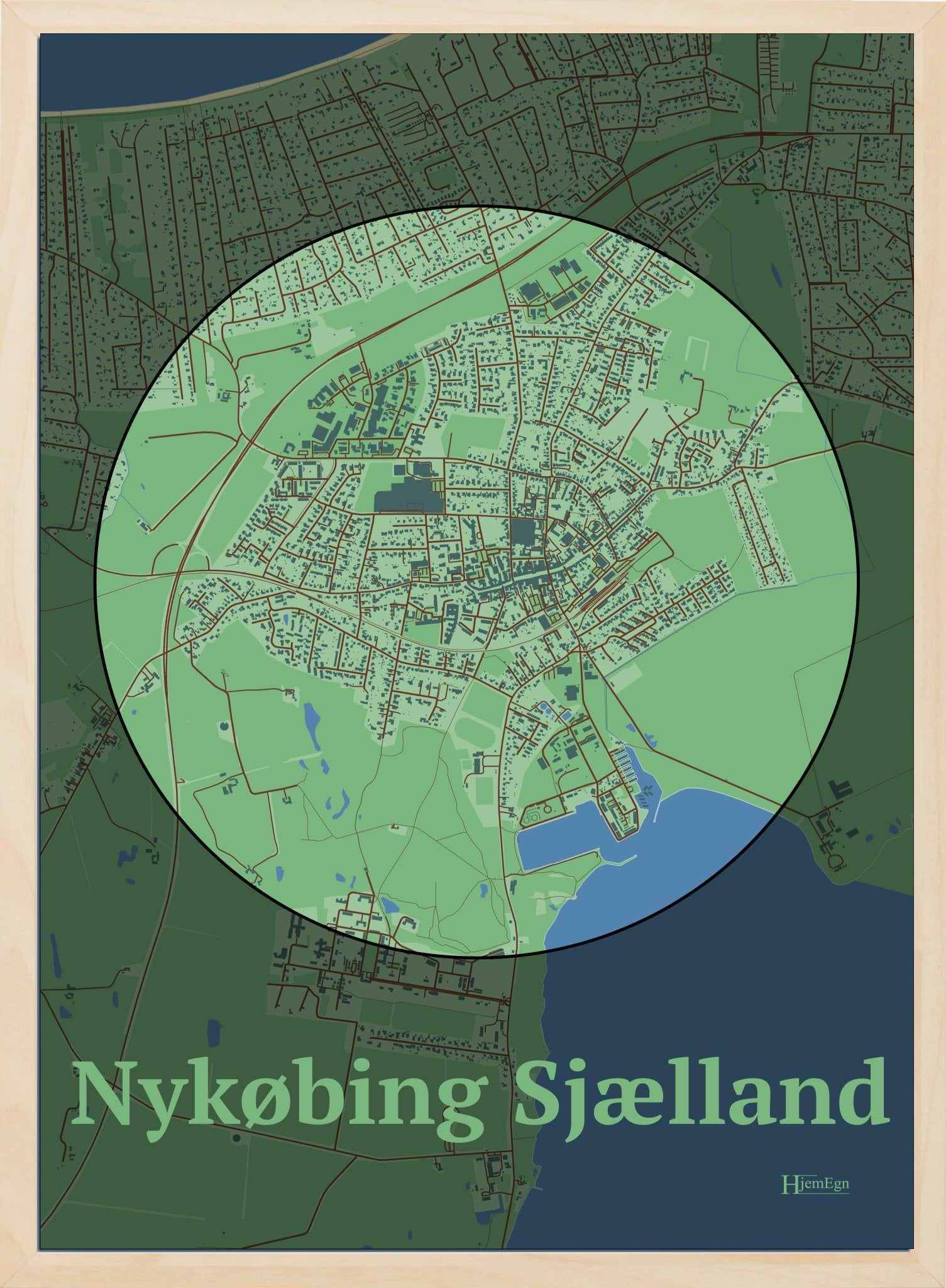 Nykøbing Sjælland plakat i farve pastel grøn og HjemEgn.dk design centrum. Design bykort for Nykøbing Sjælland