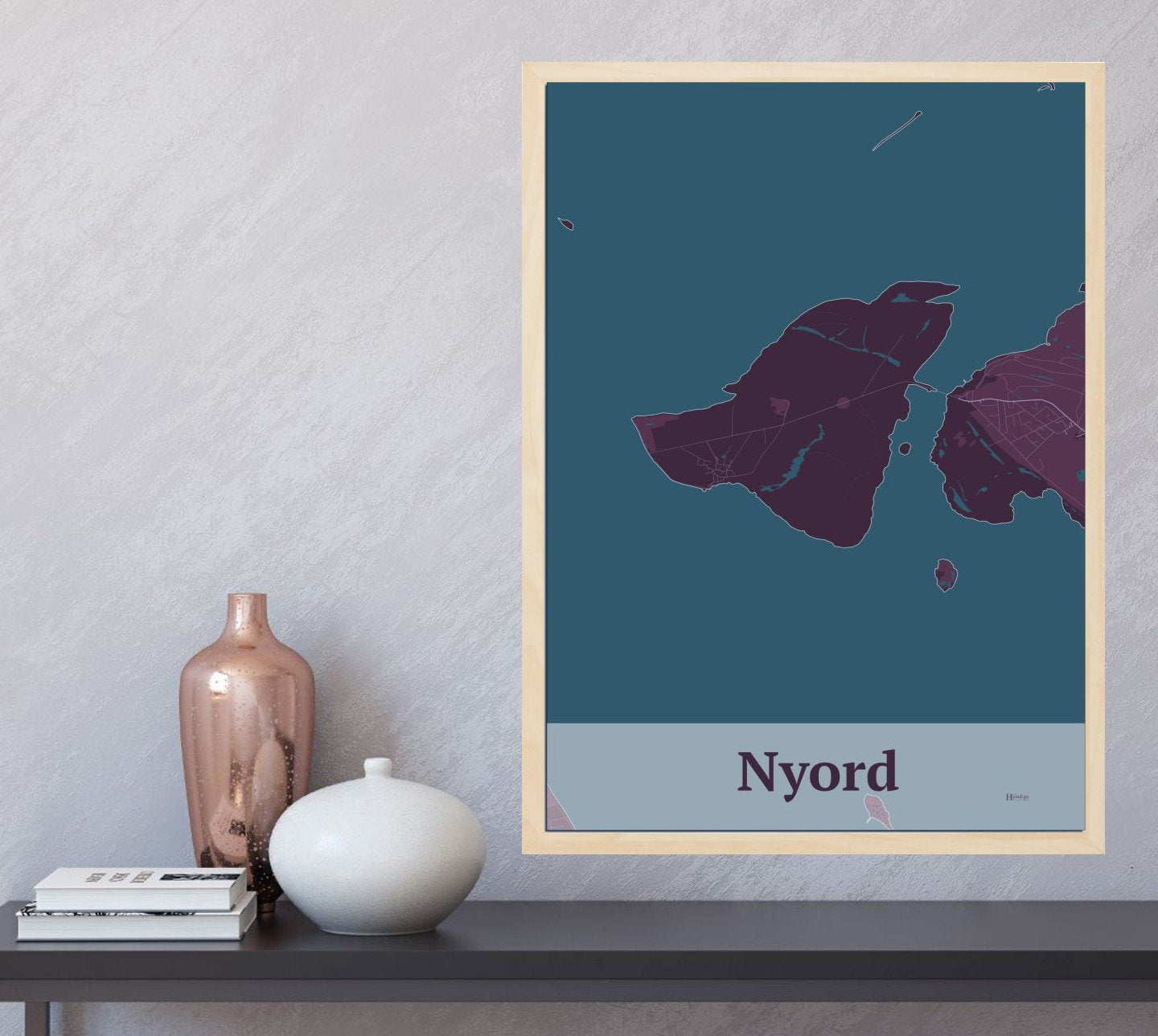 Nyord plakat i farve  og HjemEgn.dk design firkantet. Design ø-kort for Nyord