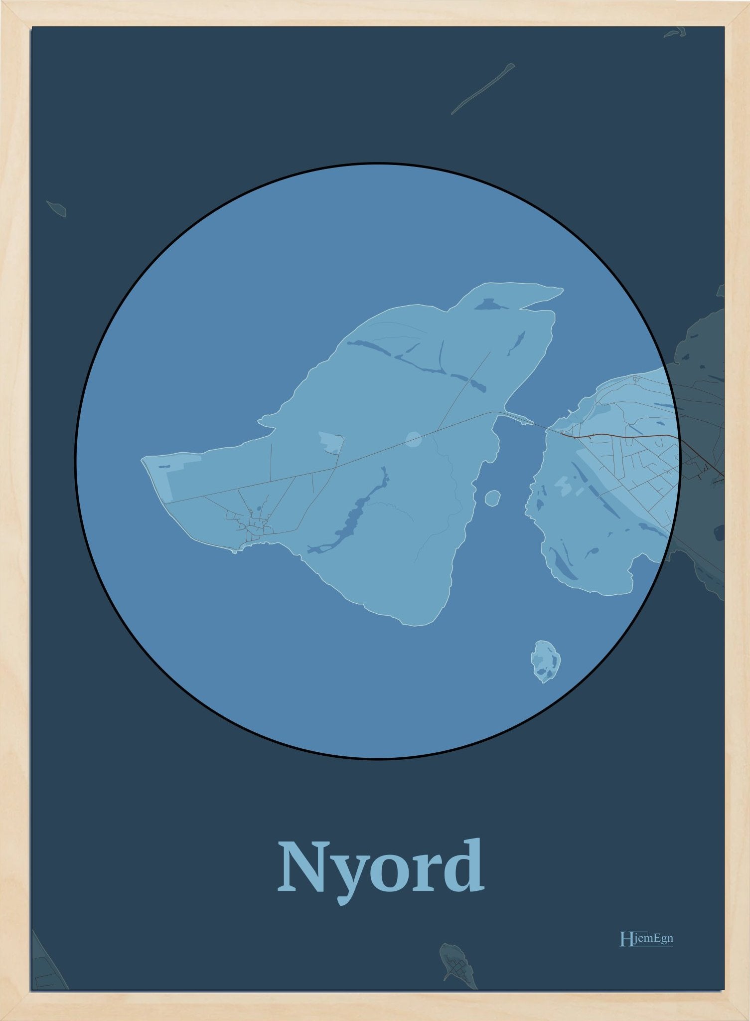 Nyord plakat i farve pastel blå og HjemEgn.dk design centrum. Design ø-kort for Nyord