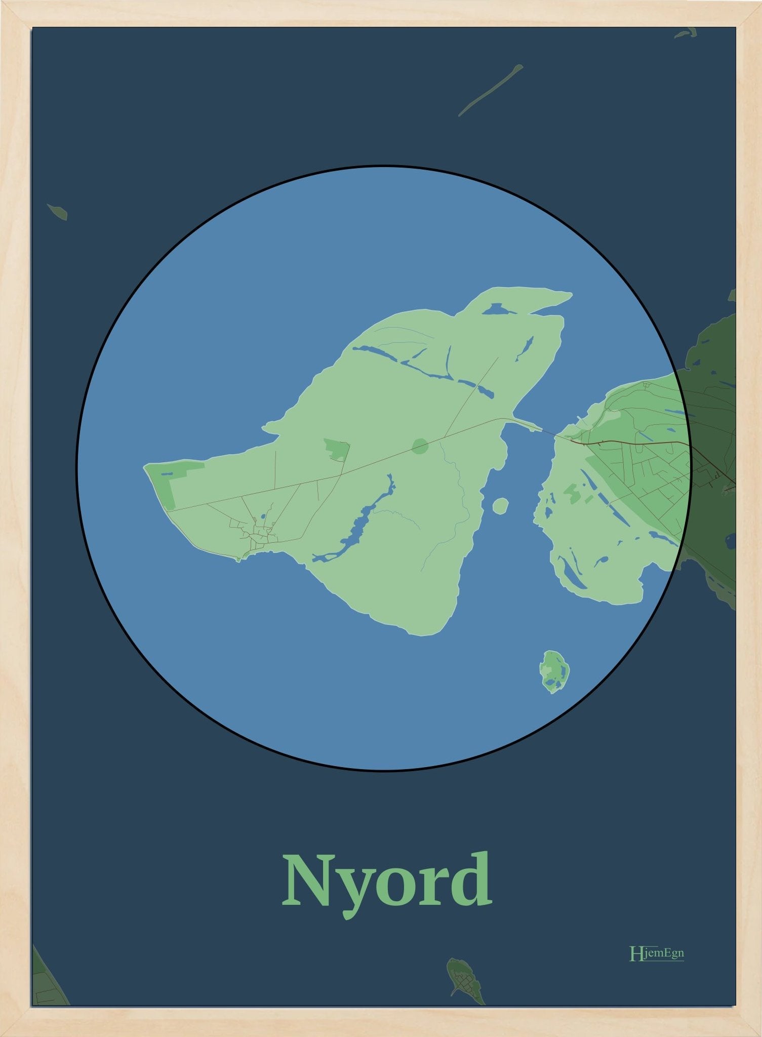 Nyord plakat i farve pastel grøn og HjemEgn.dk design centrum. Design ø-kort for Nyord