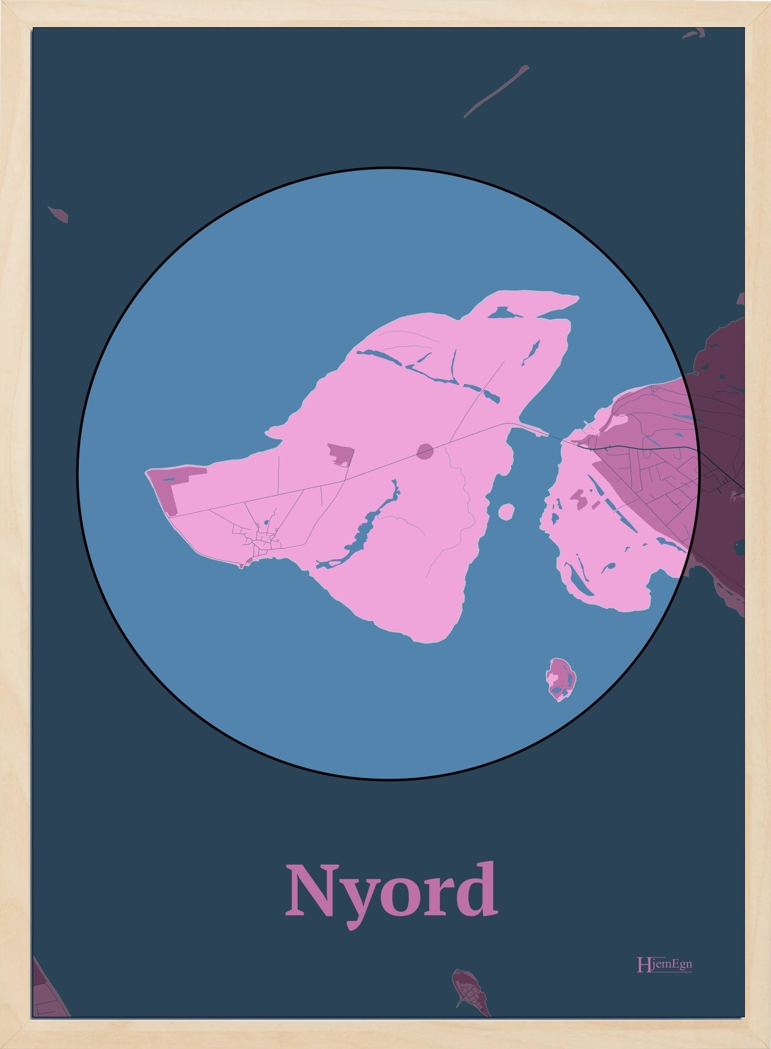 Nyord plakat i farve pastel rød og HjemEgn.dk design centrum. Design ø-kort for Nyord