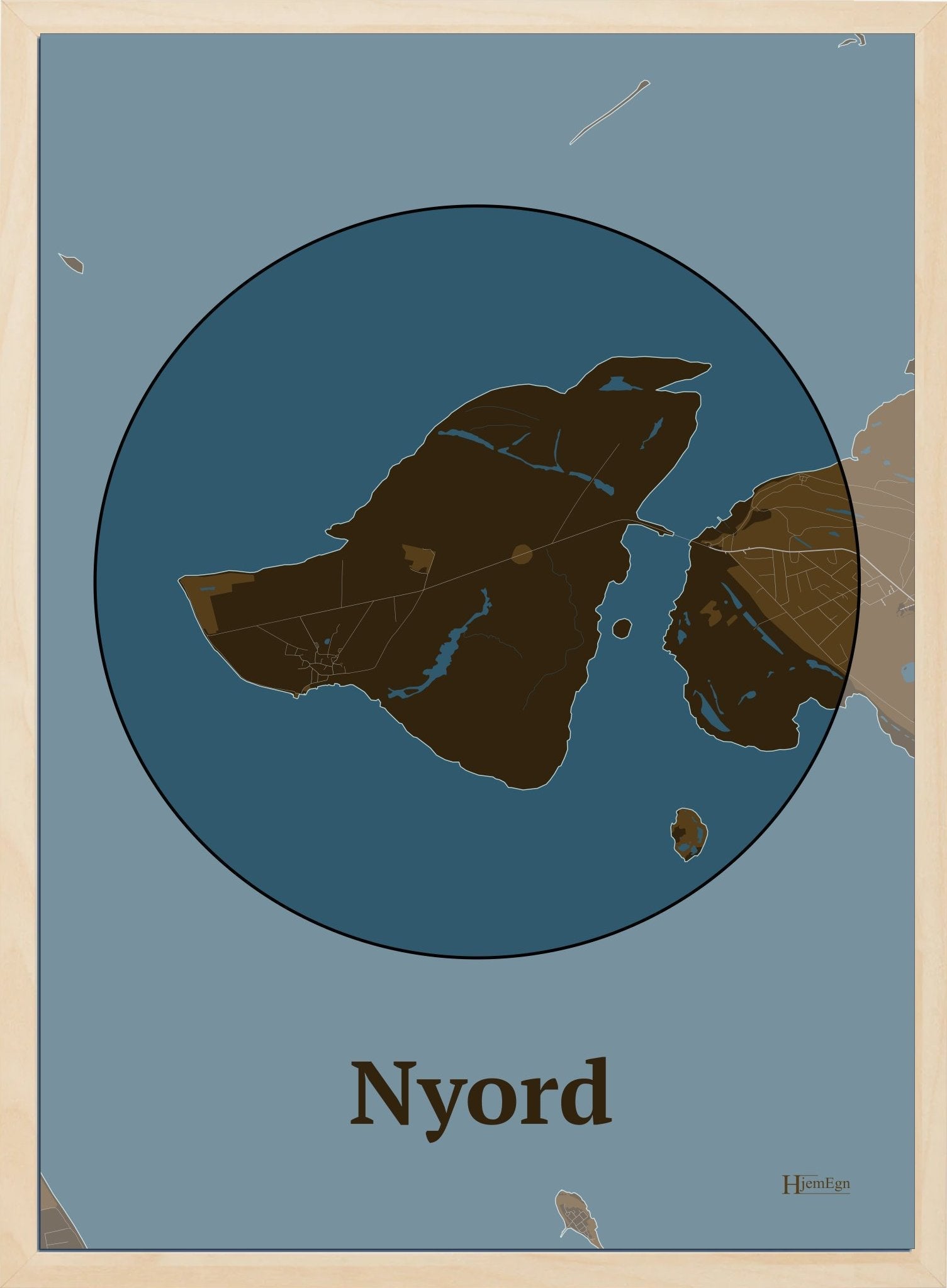 Nyord plakat i farve mørk brun og HjemEgn.dk design centrum. Design ø-kort for Nyord