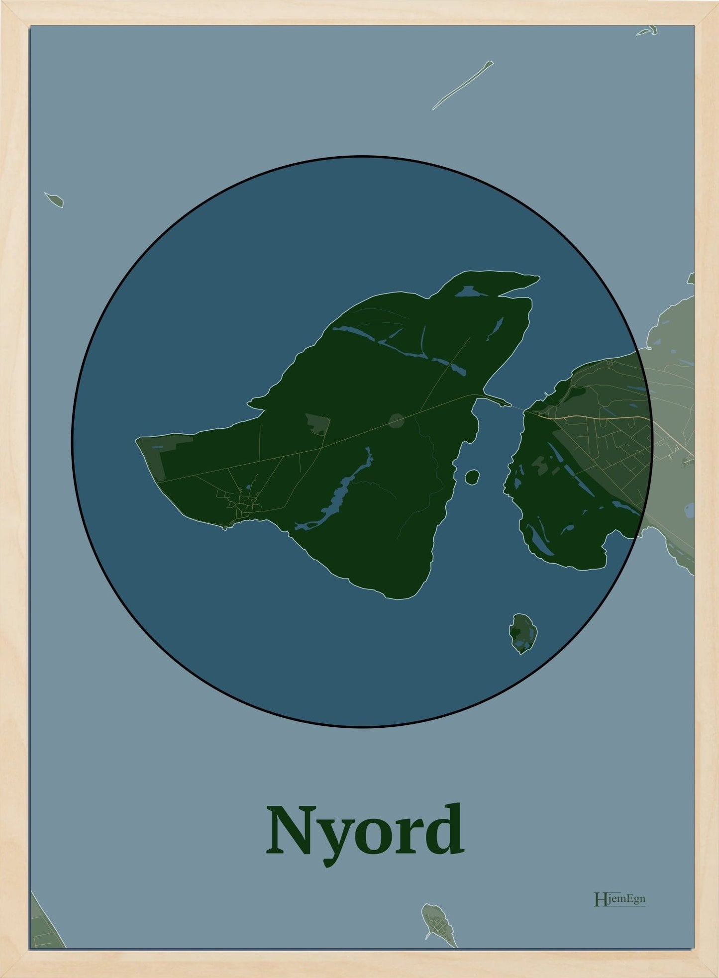 Nyord plakat i farve mørk grøn og HjemEgn.dk design centrum. Design ø-kort for Nyord