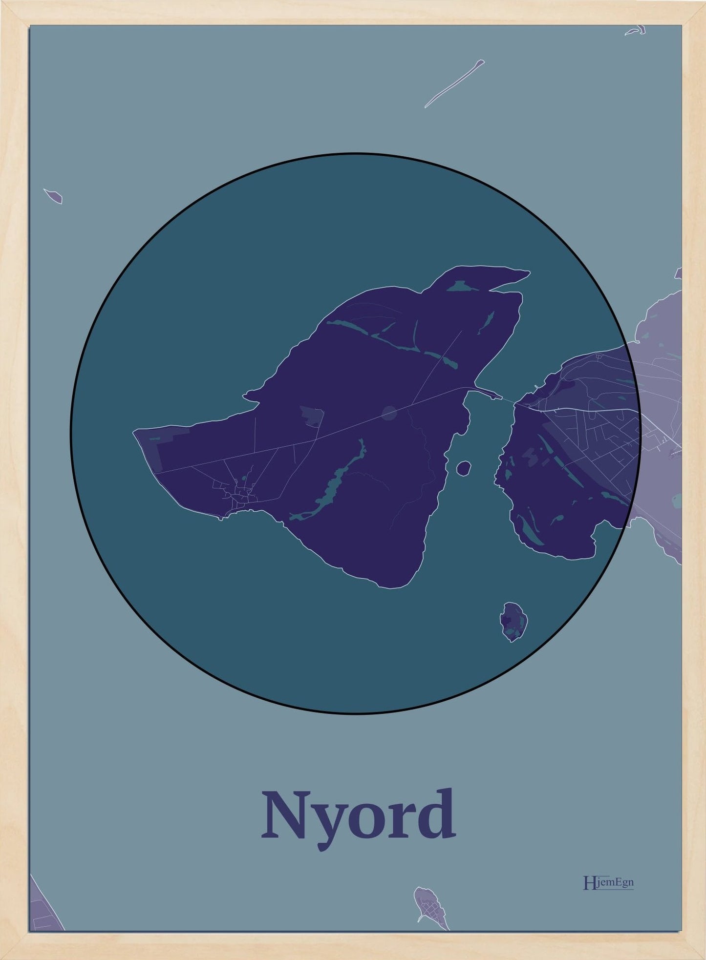 Nyord plakat i farve mørk lilla og HjemEgn.dk design centrum. Design ø-kort for Nyord