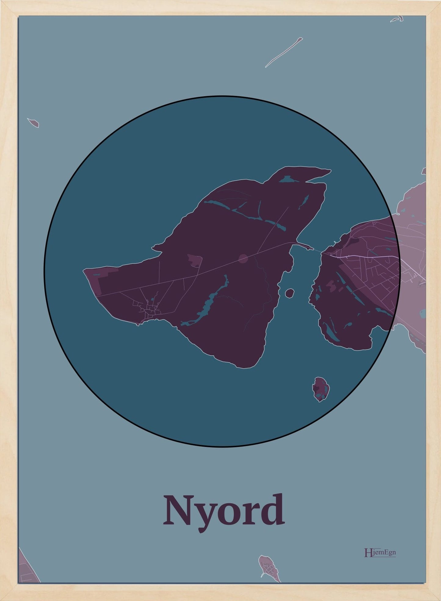 Nyord plakat i farve mørk rød og HjemEgn.dk design centrum. Design ø-kort for Nyord