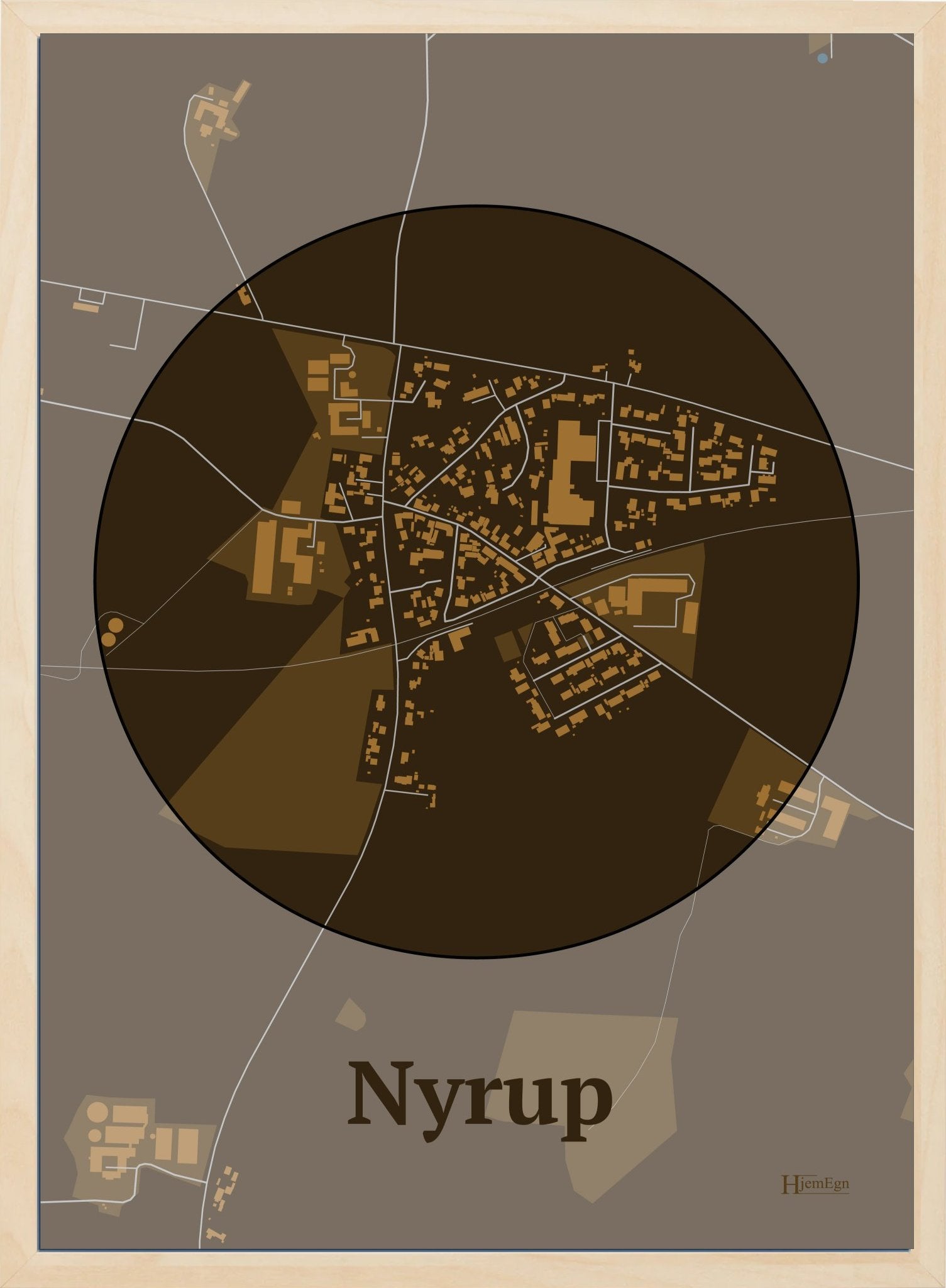 Nyrup plakat i farve mørk brun og HjemEgn.dk design centrum. Design bykort for Nyrup