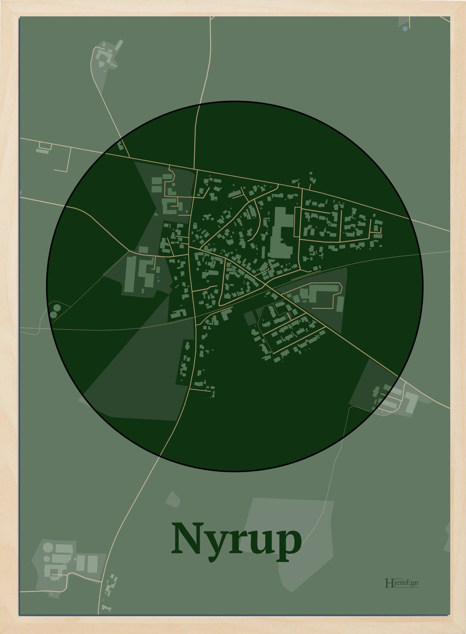 Nyrup plakat i farve mørk grøn og HjemEgn.dk design centrum. Design bykort for Nyrup