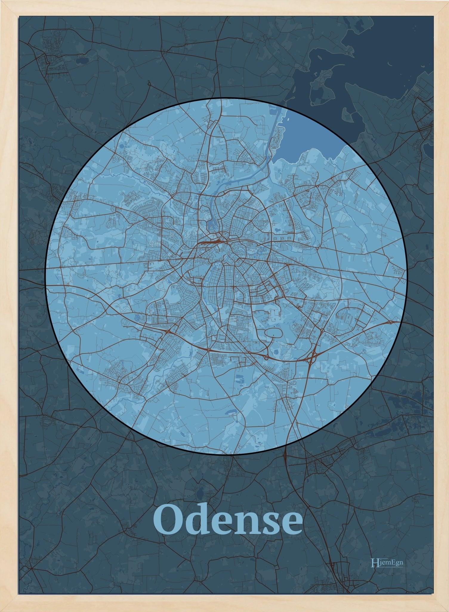 Odense plakat i farve pastel blå og HjemEgn.dk design centrum. Design bykort for Odense