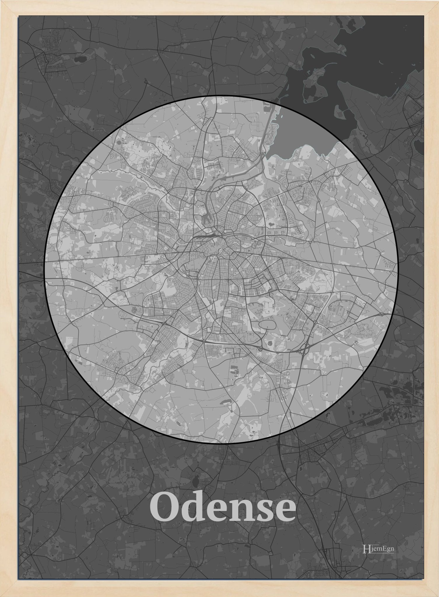 Odense plakat i farve pastel grå og HjemEgn.dk design centrum. Design bykort for Odense