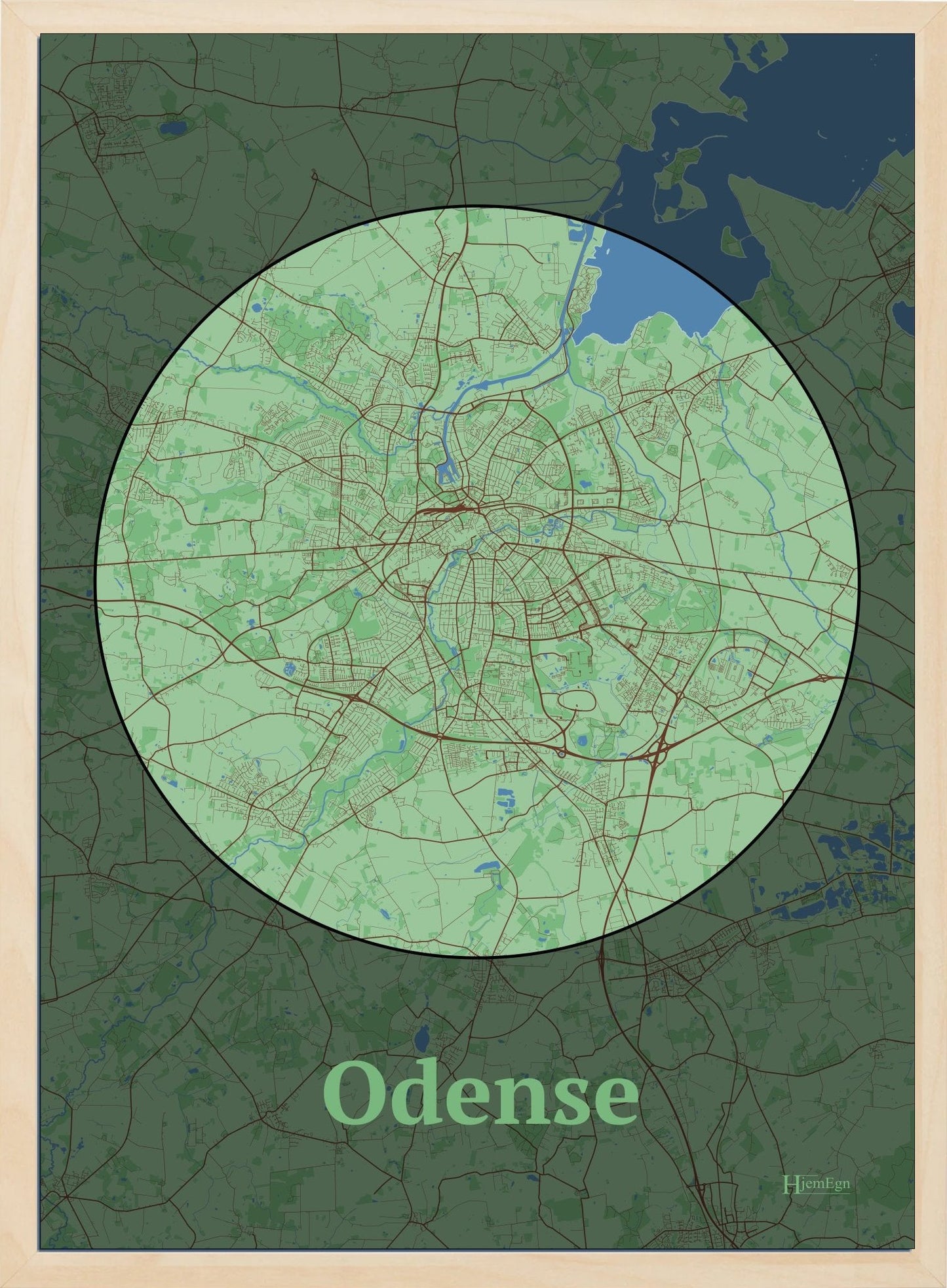 Odense plakat i farve pastel grøn og HjemEgn.dk design centrum. Design bykort for Odense