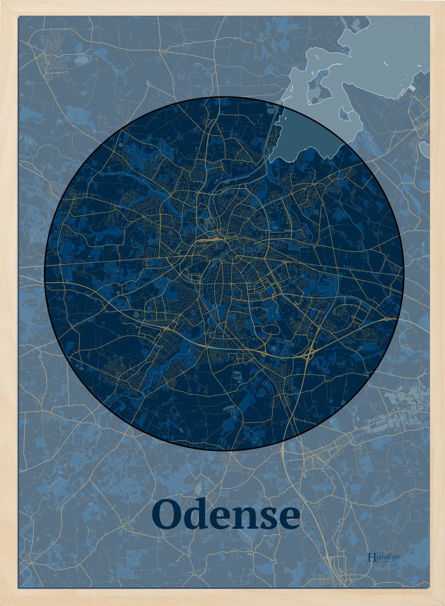 Odense plakat i farve mørk blå og HjemEgn.dk design centrum. Design bykort for Odense