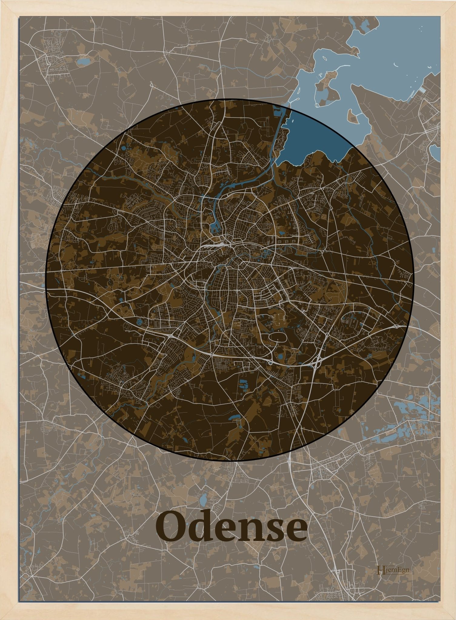 Odense plakat i farve mørk brun og HjemEgn.dk design centrum. Design bykort for Odense