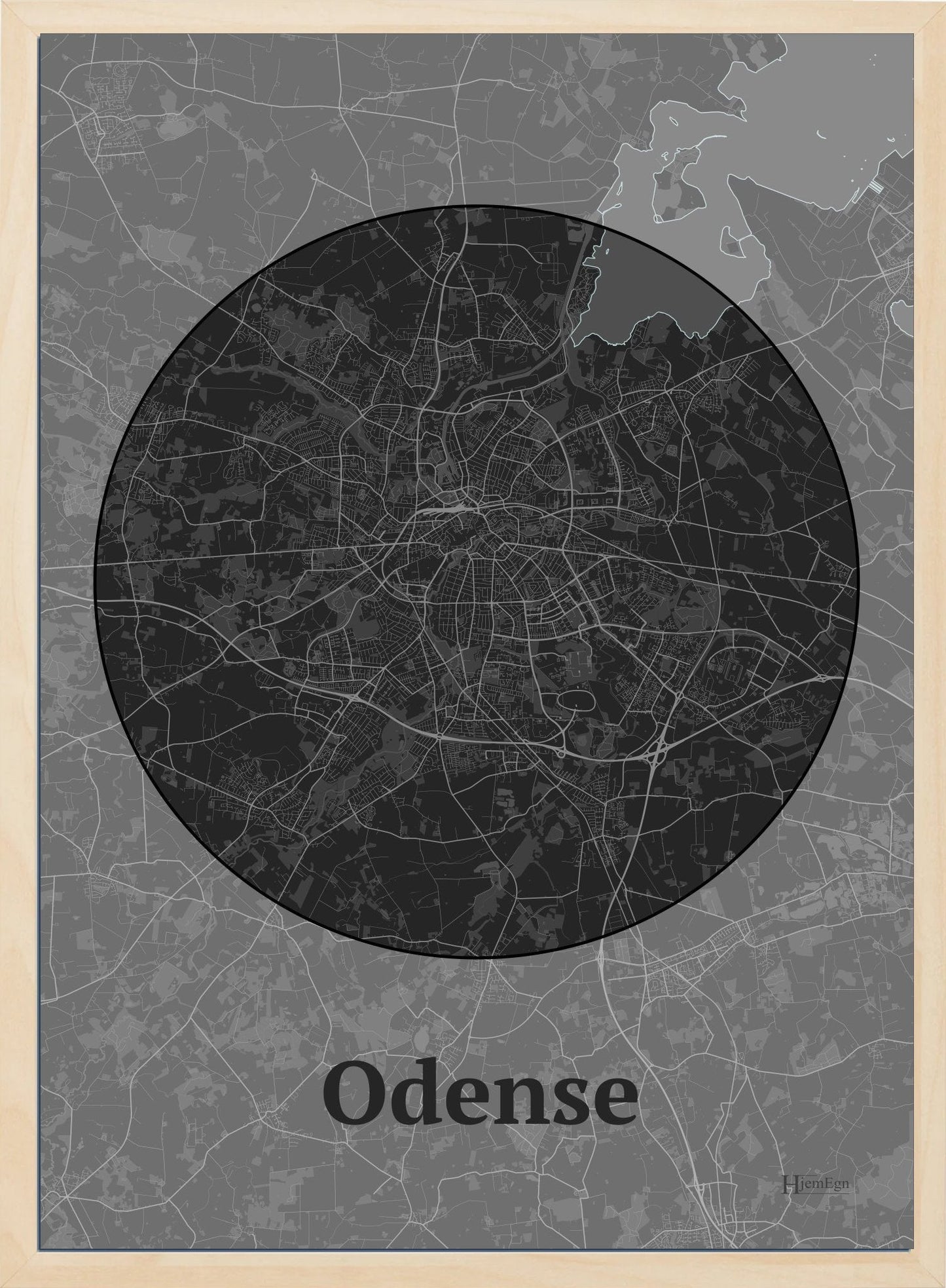 Odense plakat i farve mørk grå og HjemEgn.dk design centrum. Design bykort for Odense