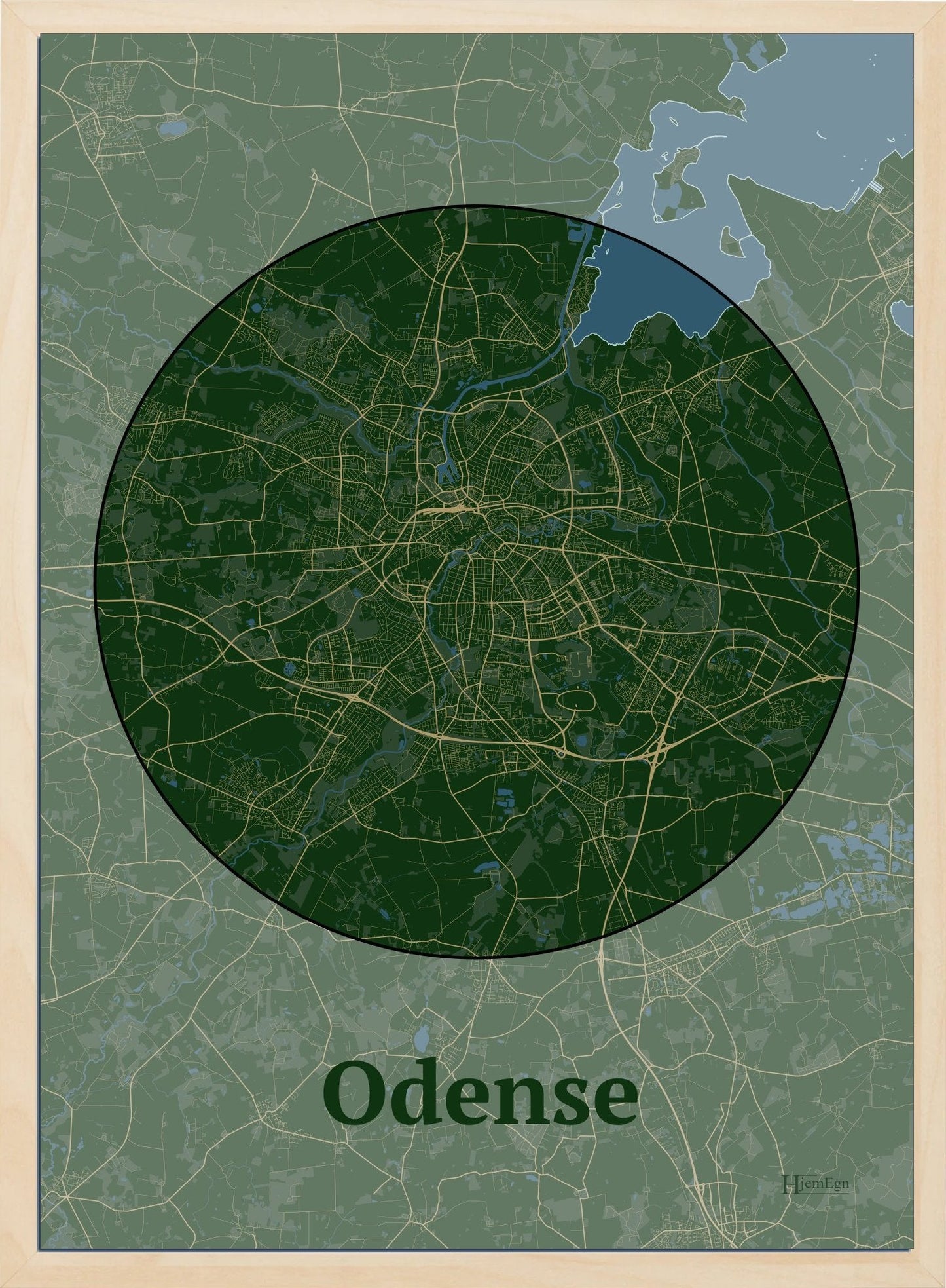 Odense plakat i farve mørk grøn og HjemEgn.dk design centrum. Design bykort for Odense