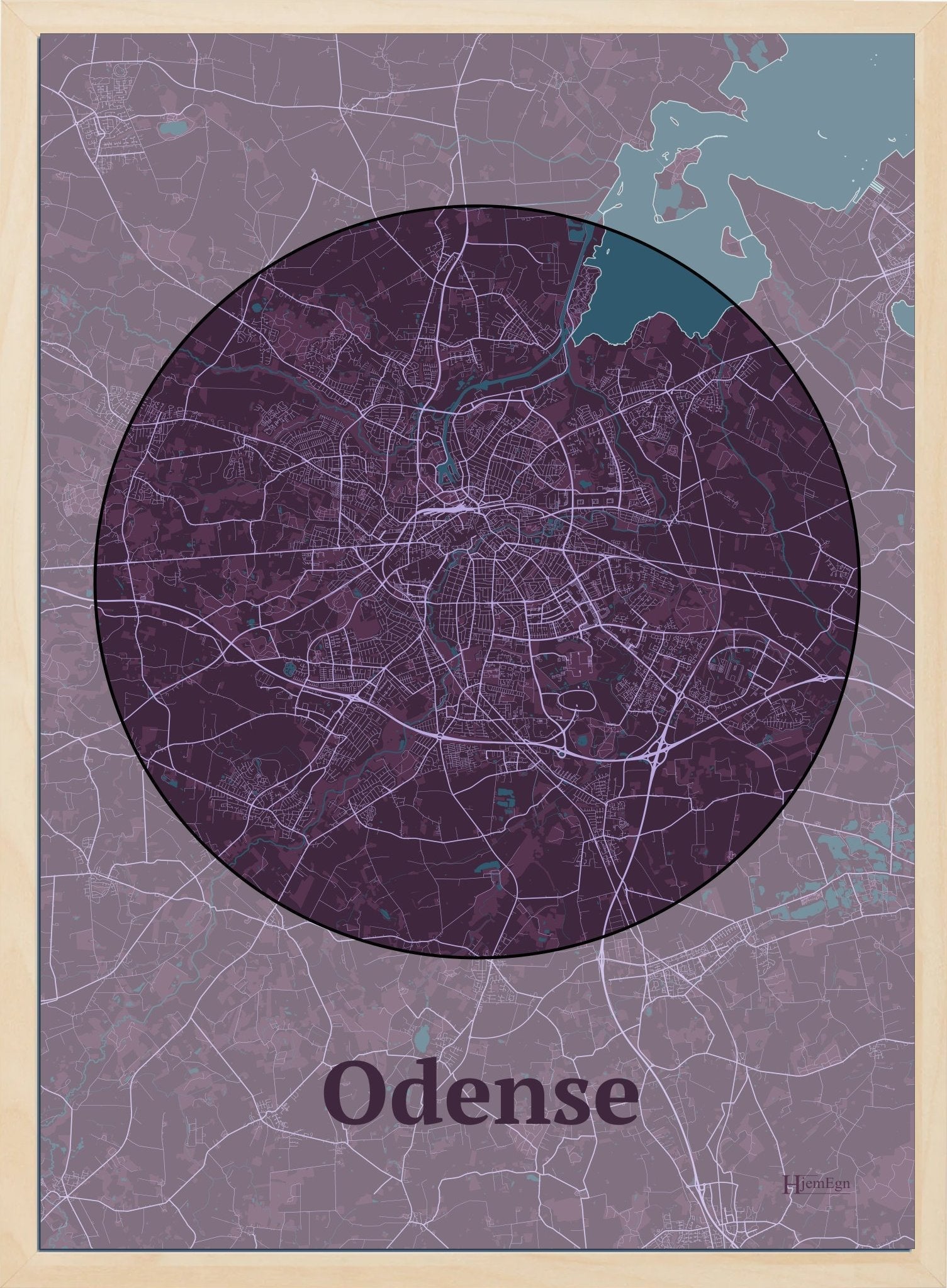 Odense plakat i farve mørk rød og HjemEgn.dk design centrum. Design bykort for Odense
