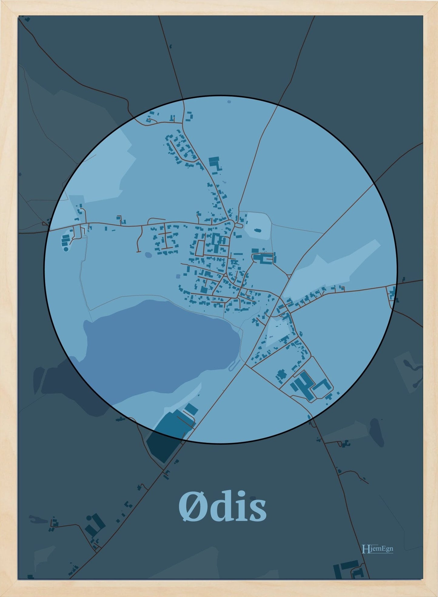 Ødis plakat i farve pastel blå og HjemEgn.dk design centrum. Design bykort for Ødis