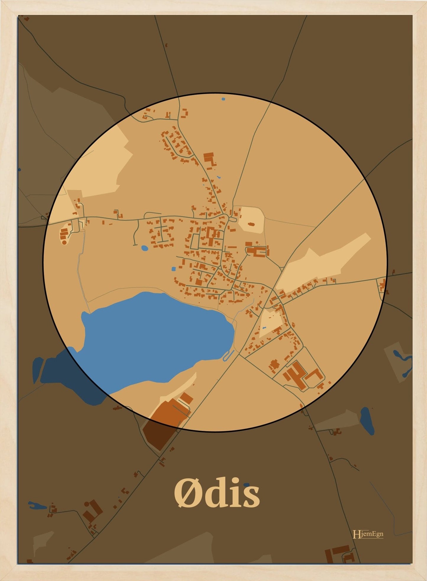 Ødis plakat i farve pastel brun og HjemEgn.dk design centrum. Design bykort for Ødis