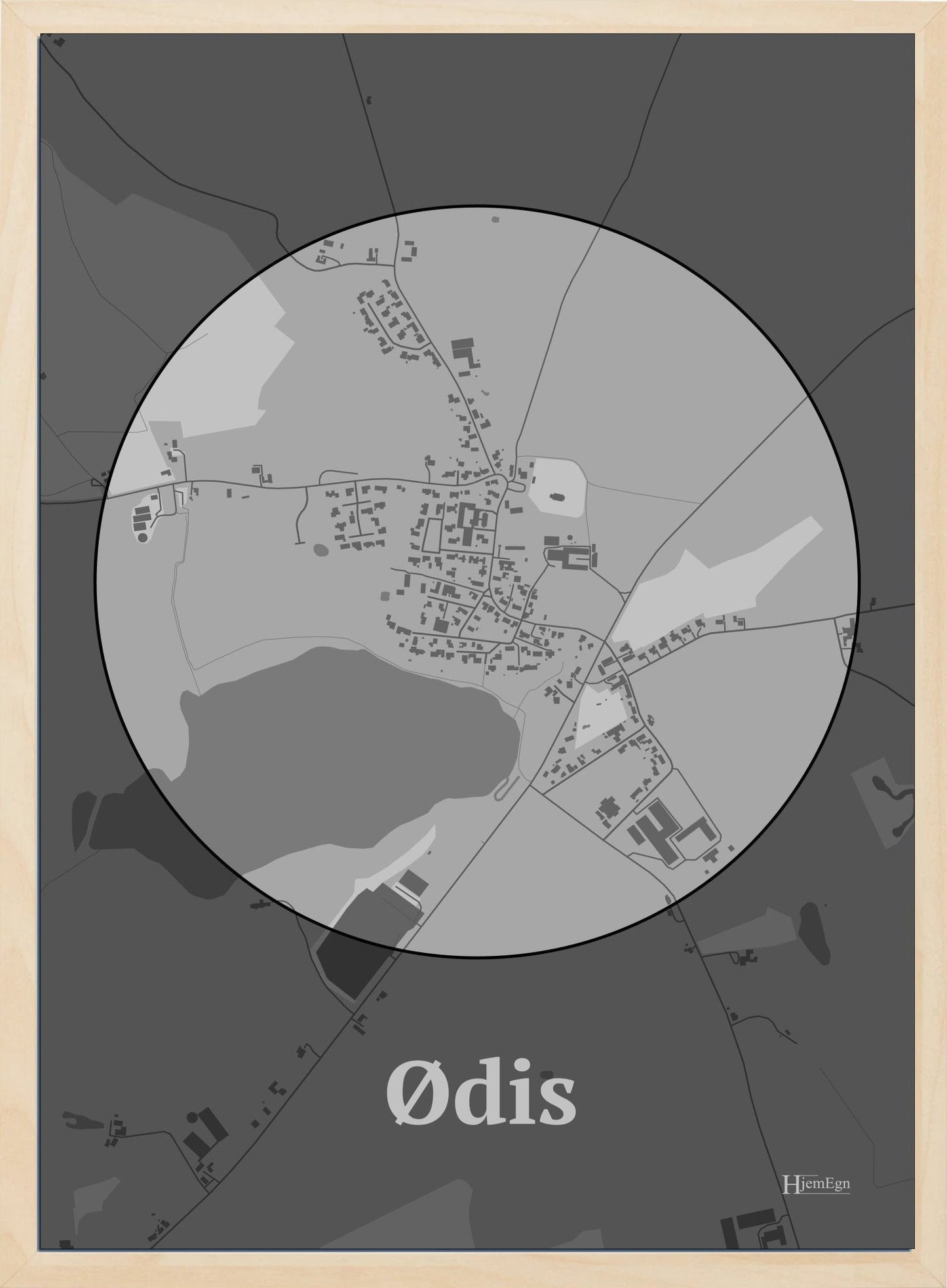 Ødis plakat i farve pastel grå og HjemEgn.dk design centrum. Design bykort for Ødis