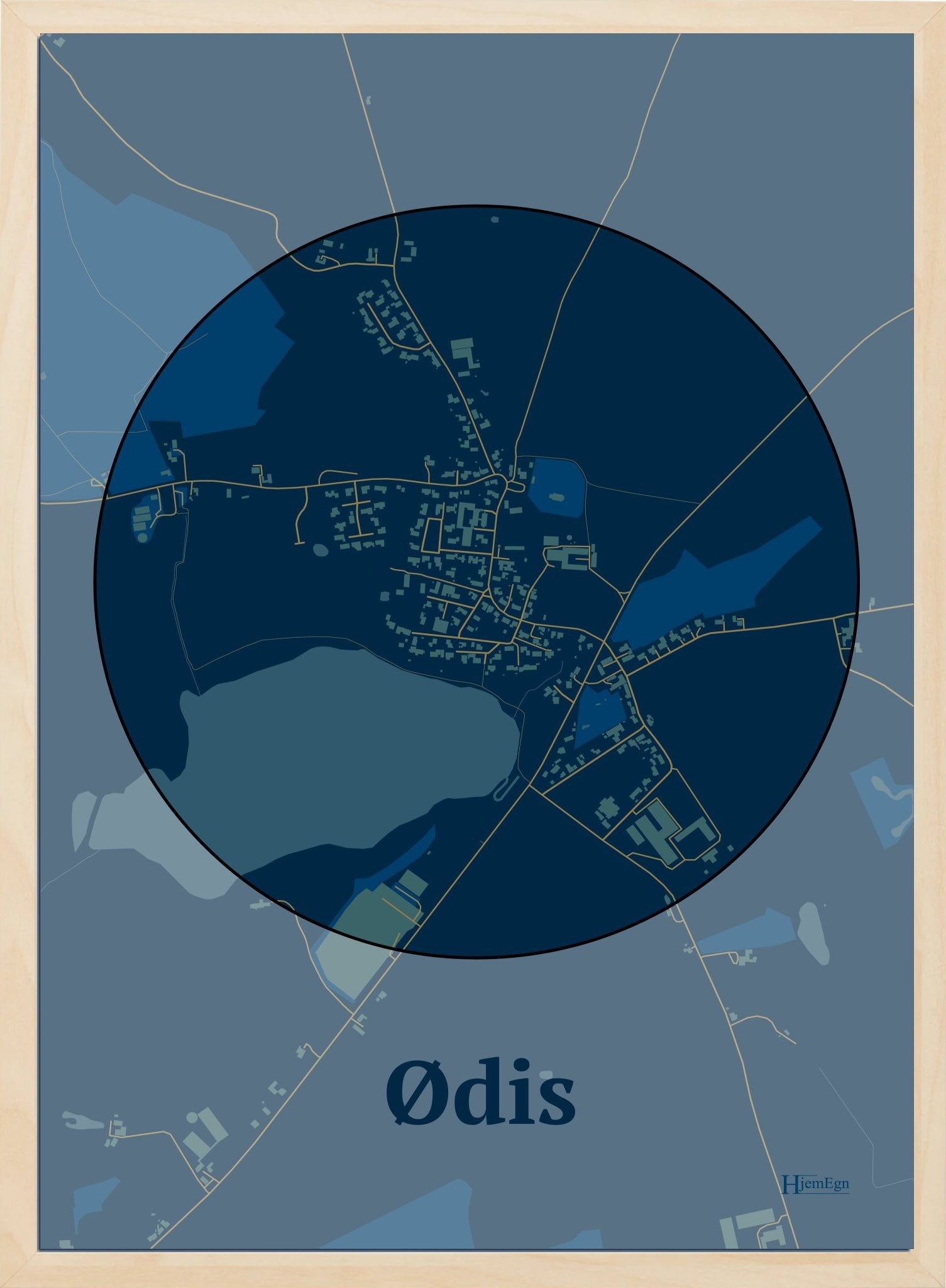 Ødis plakat i farve mørk blå og HjemEgn.dk design centrum. Design bykort for Ødis