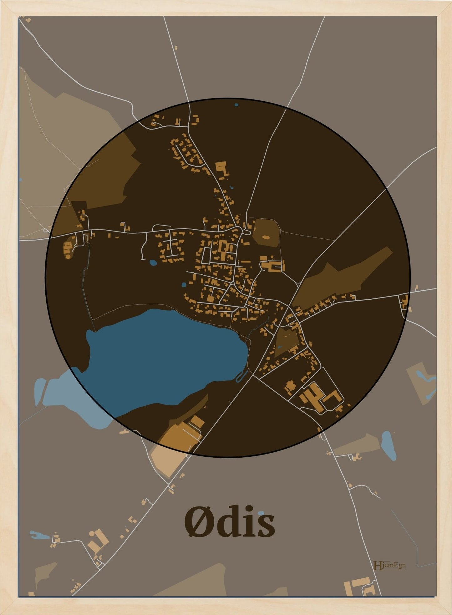 Ødis plakat i farve mørk brun og HjemEgn.dk design centrum. Design bykort for Ødis