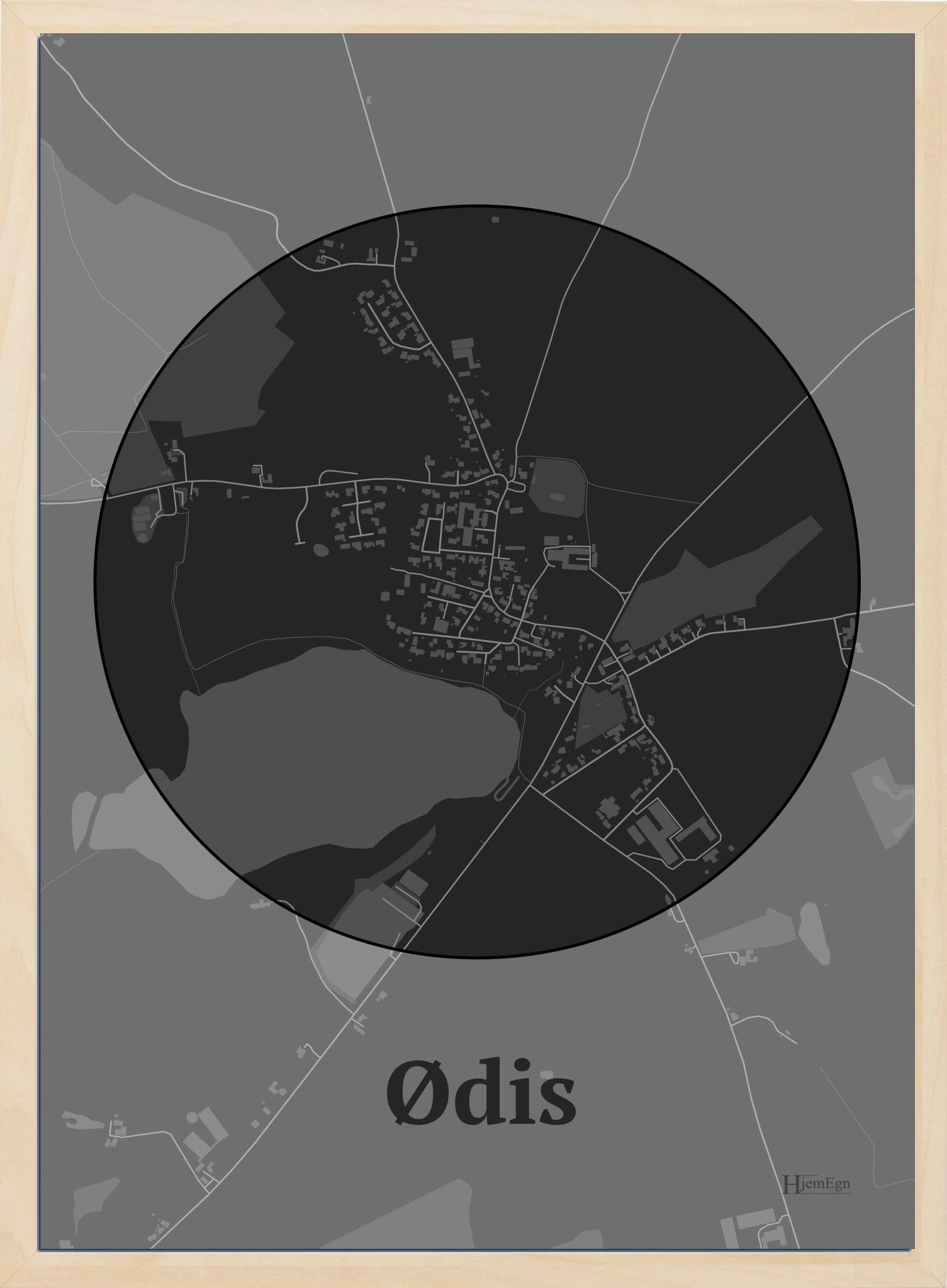 Ødis plakat i farve mørk grå og HjemEgn.dk design centrum. Design bykort for Ødis
