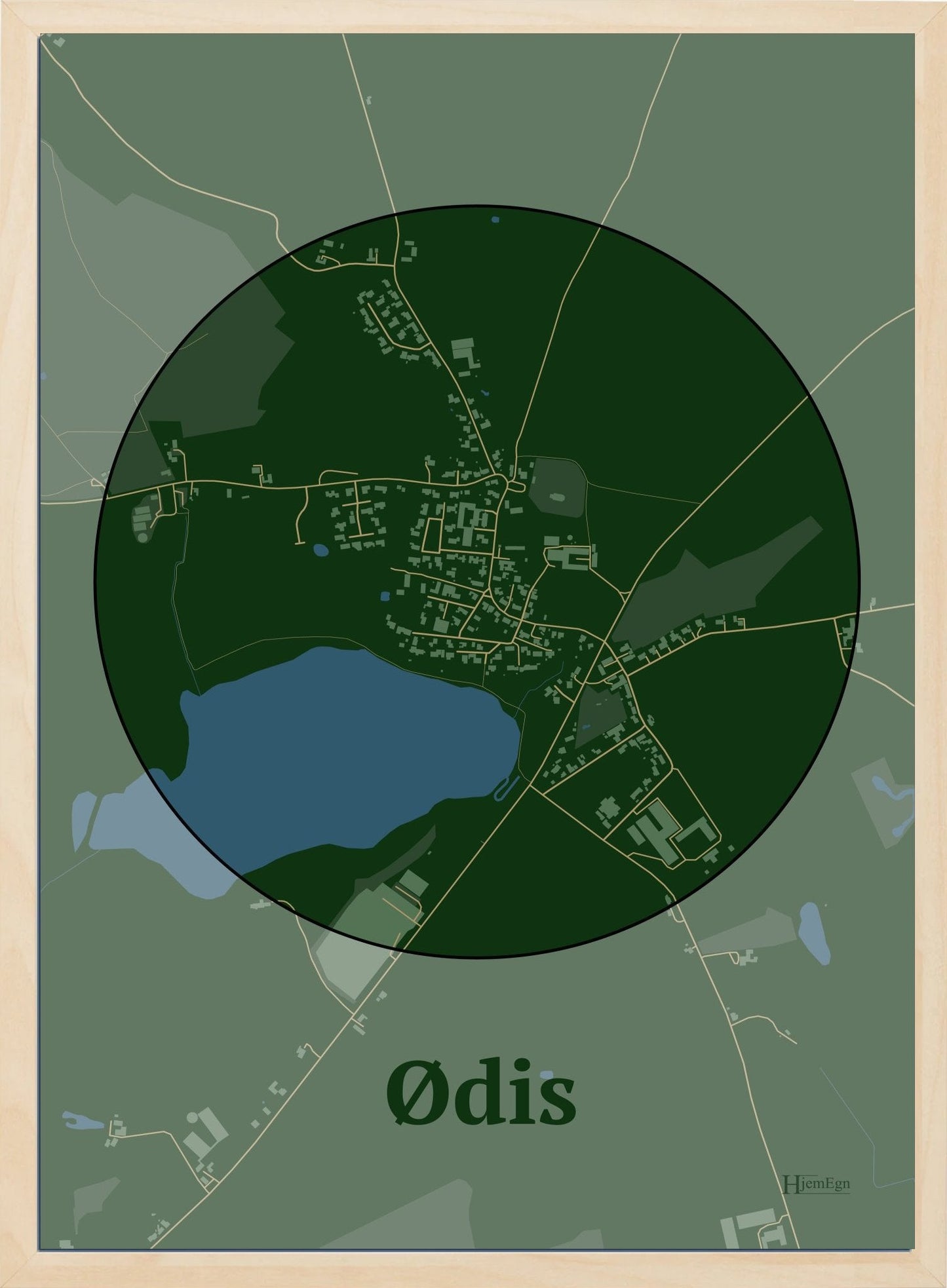 Ødis plakat i farve mørk grøn og HjemEgn.dk design centrum. Design bykort for Ødis