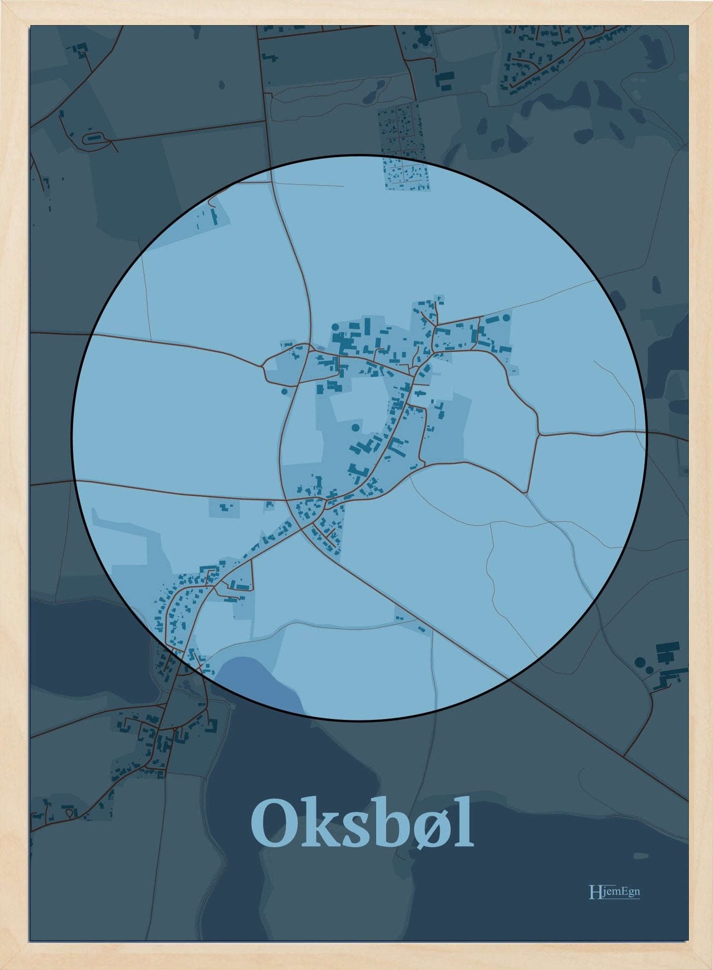 Oksbøl plakat i farve pastel blå og HjemEgn.dk design centrum. Design bykort for Oksbøl