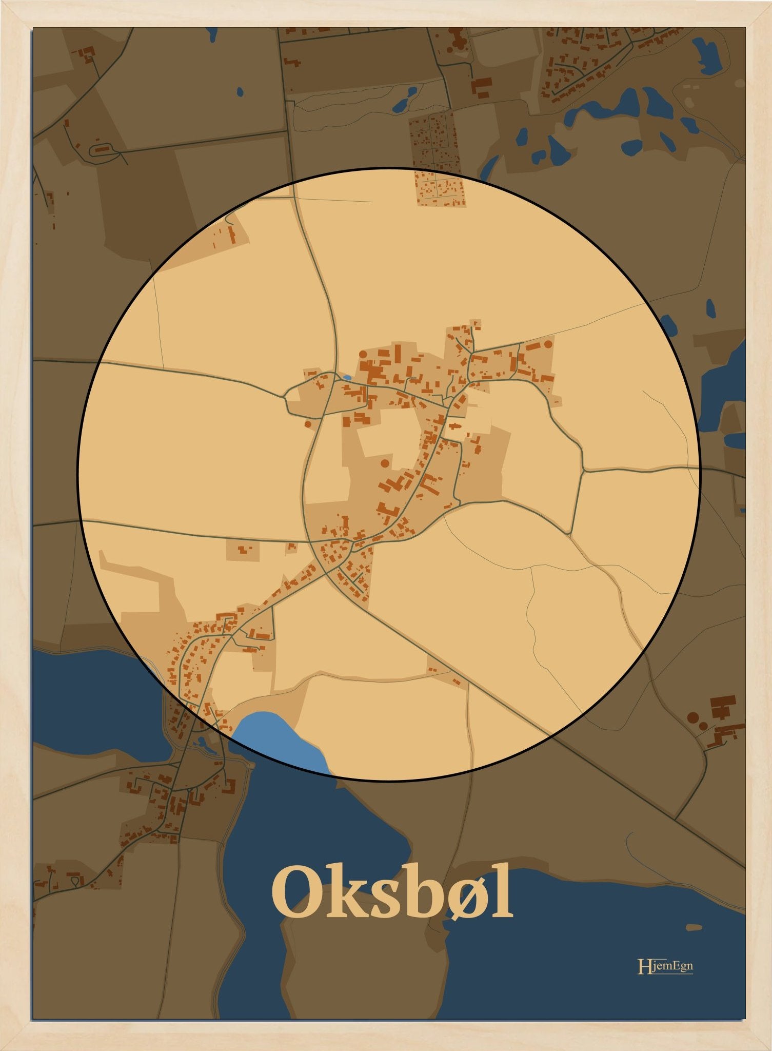 Oksbøl plakat i farve pastel brun og HjemEgn.dk design centrum. Design bykort for Oksbøl