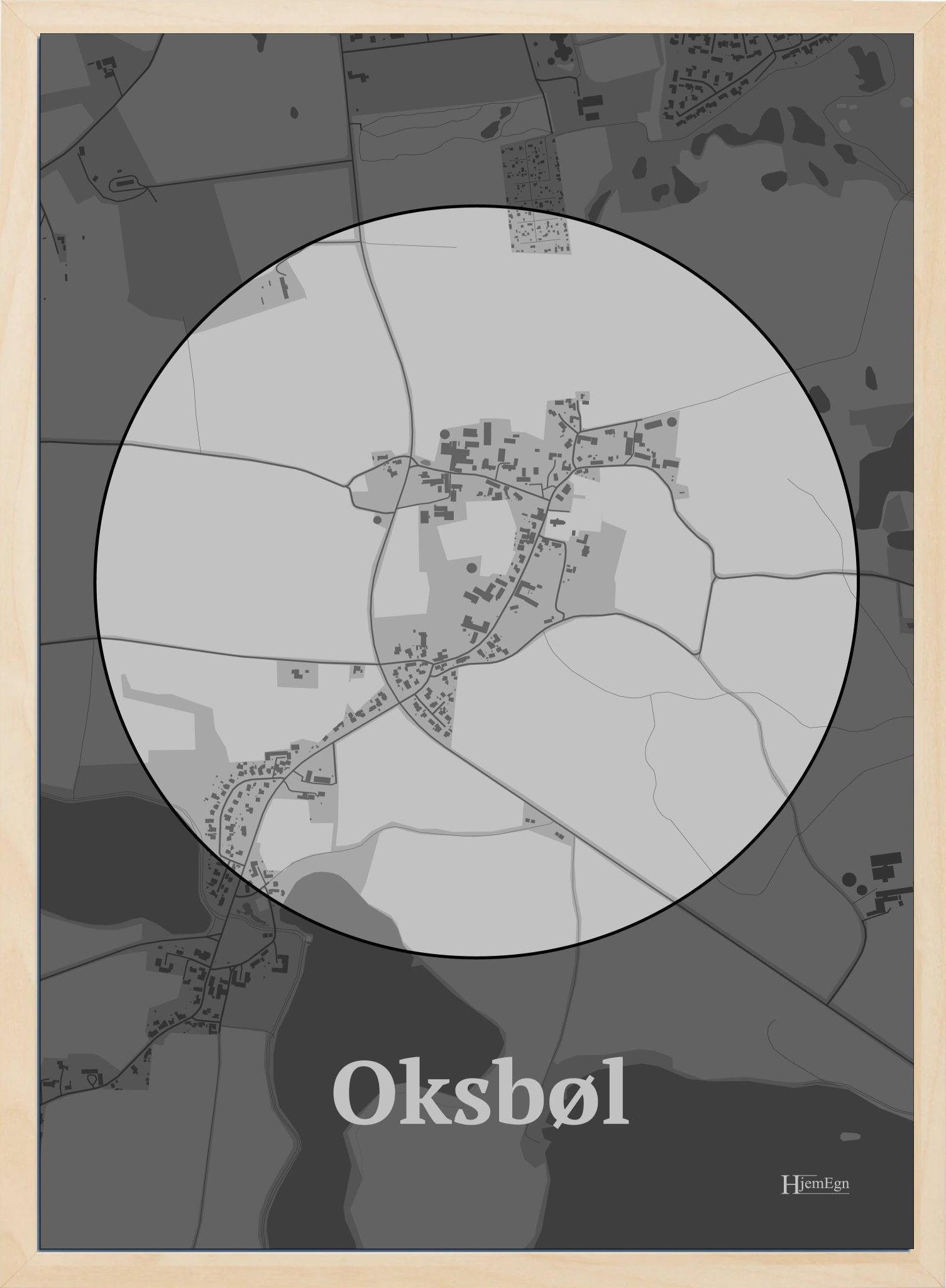Oksbøl plakat i farve pastel grå og HjemEgn.dk design centrum. Design bykort for Oksbøl