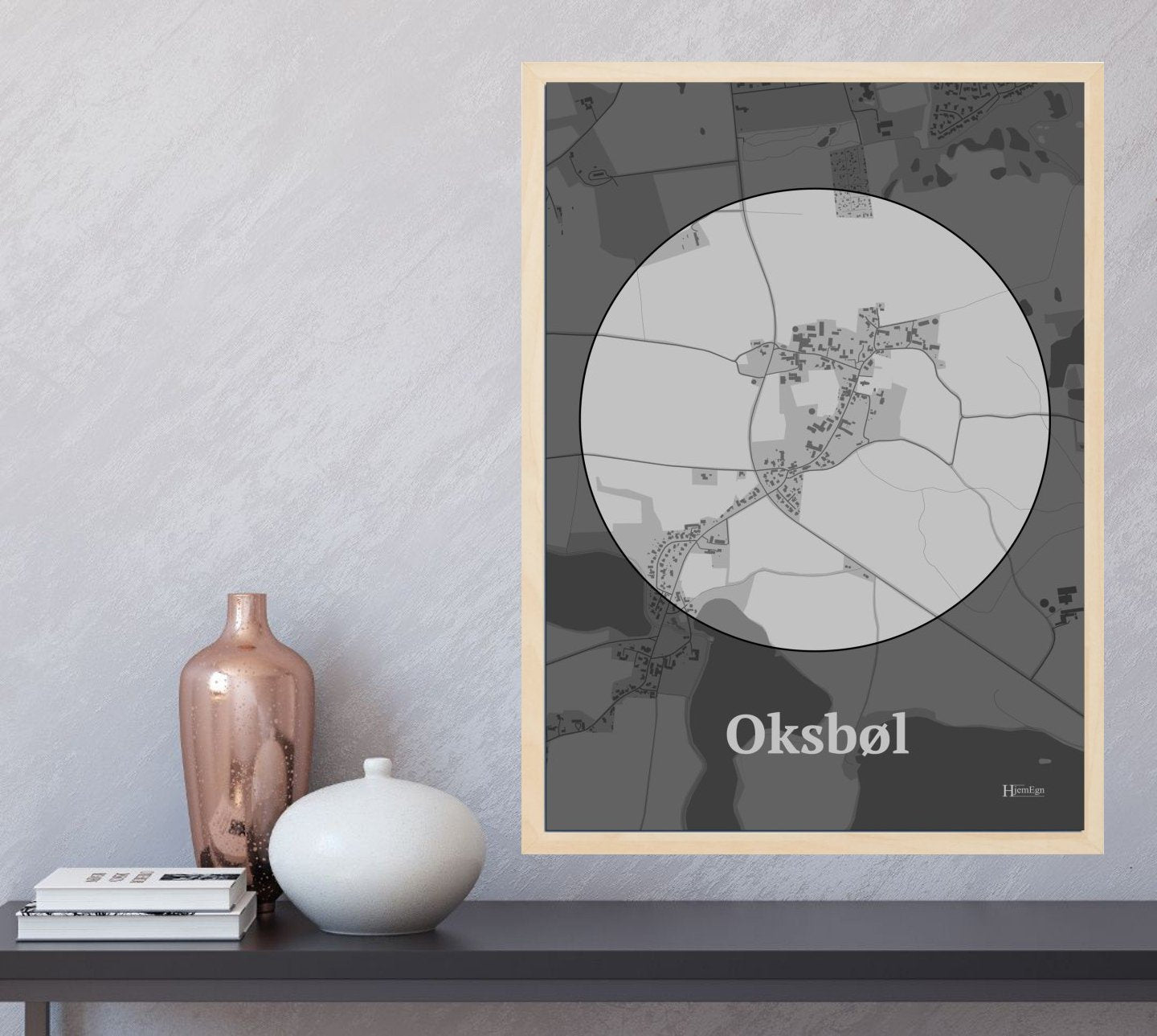 Oksbøl plakat i farve  og HjemEgn.dk design centrum. Design bykort for Oksbøl