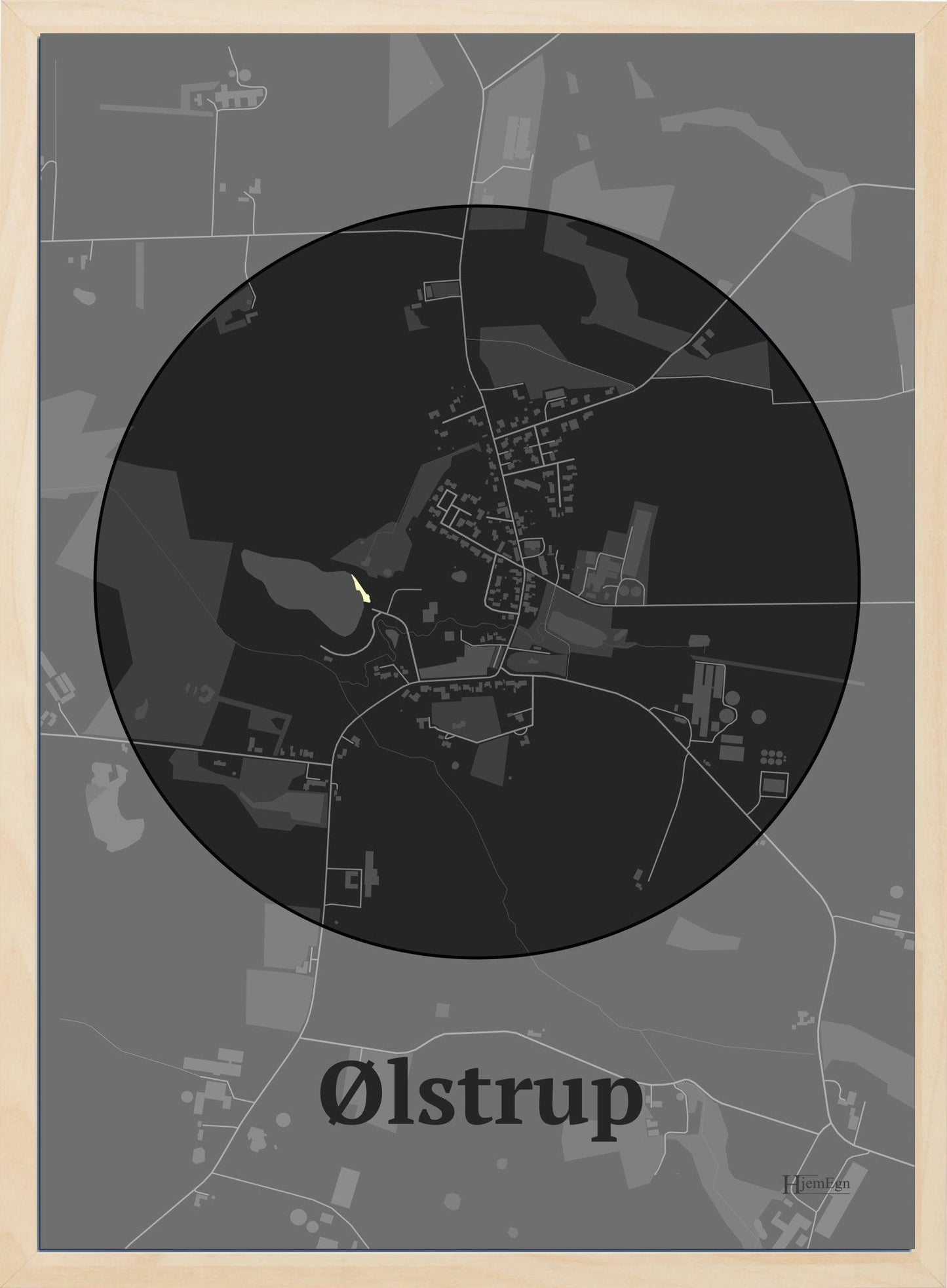 Ølstrup plakat i farve mørk grå og HjemEgn.dk design centrum. Design bykort for Ølstrup
