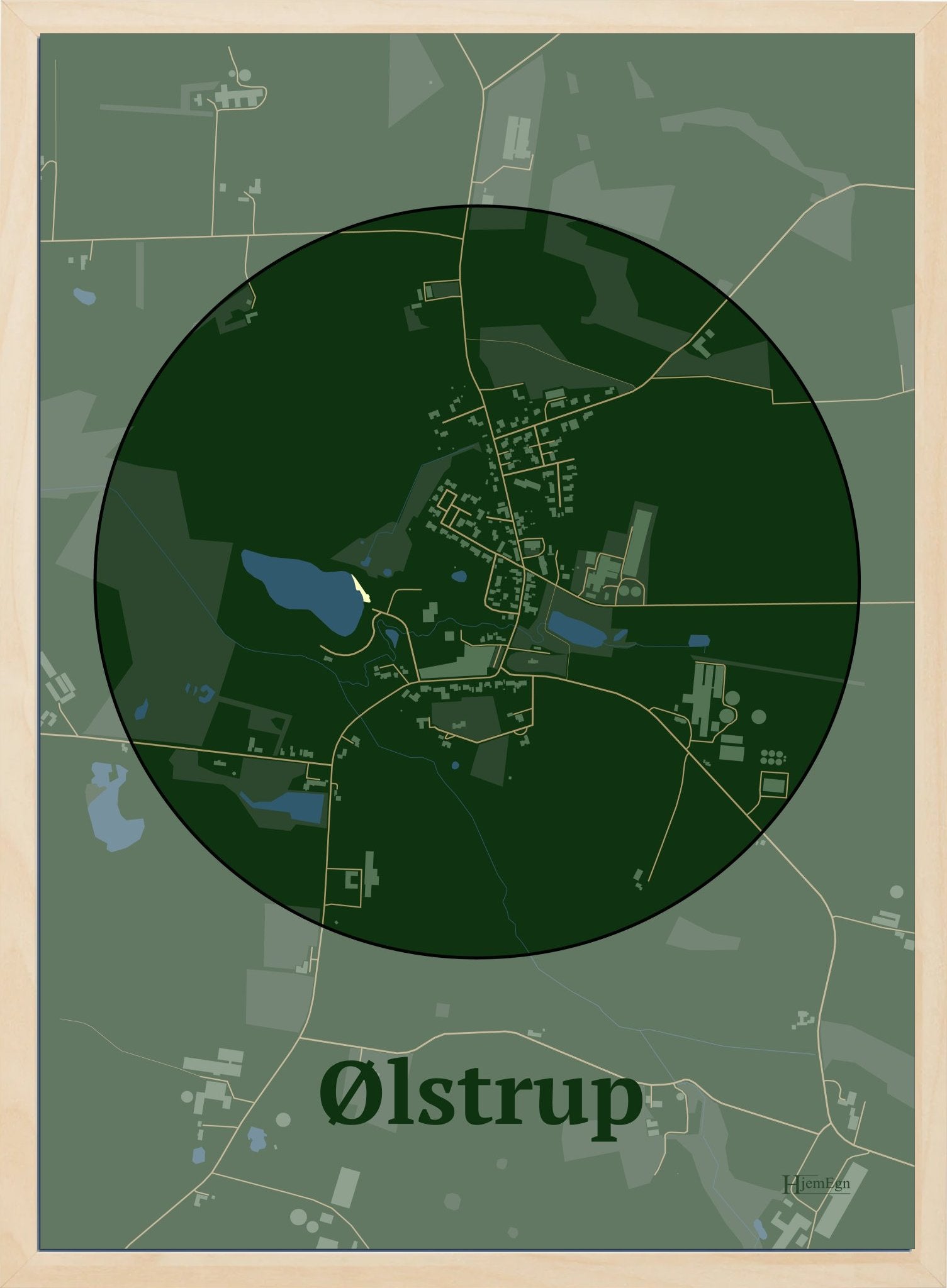 Ølstrup plakat i farve mørk grøn og HjemEgn.dk design centrum. Design bykort for Ølstrup