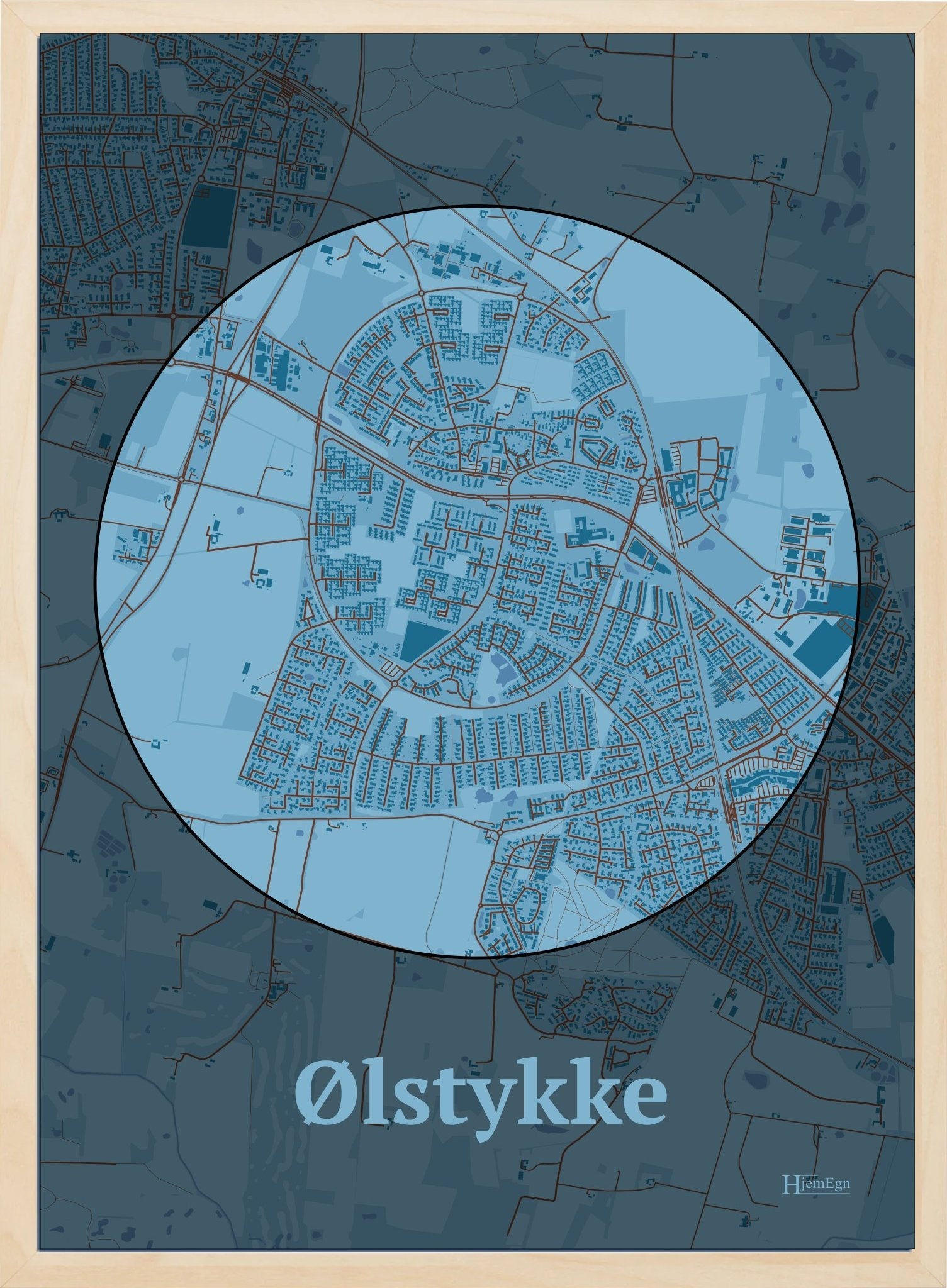 Ølstykke plakat i farve pastel blå og HjemEgn.dk design centrum. Design bykort for Ølstykke