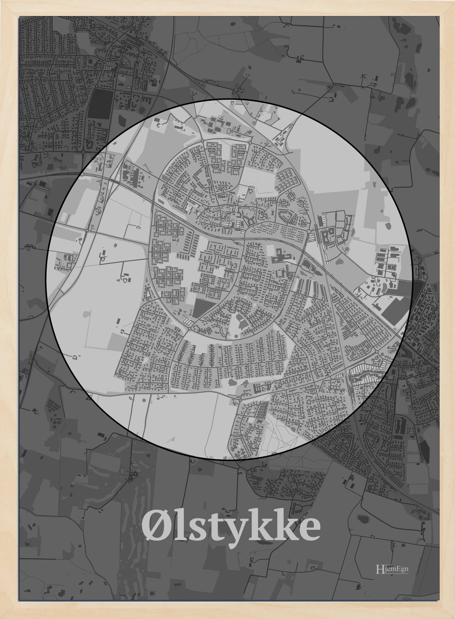 Ølstykke plakat i farve pastel grå og HjemEgn.dk design centrum. Design bykort for Ølstykke