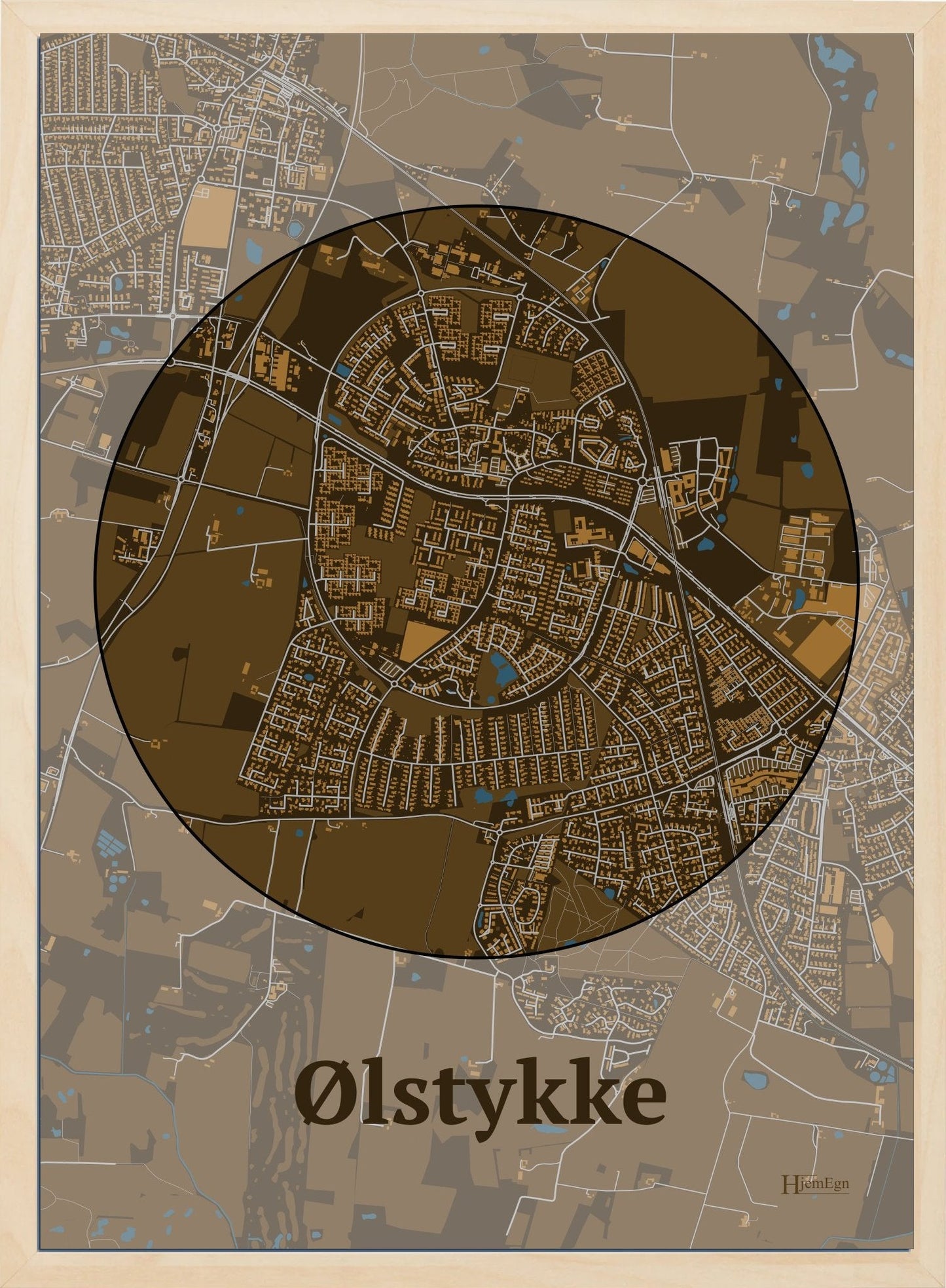 Ølstykke plakat i farve mørk brun og HjemEgn.dk design centrum. Design bykort for Ølstykke