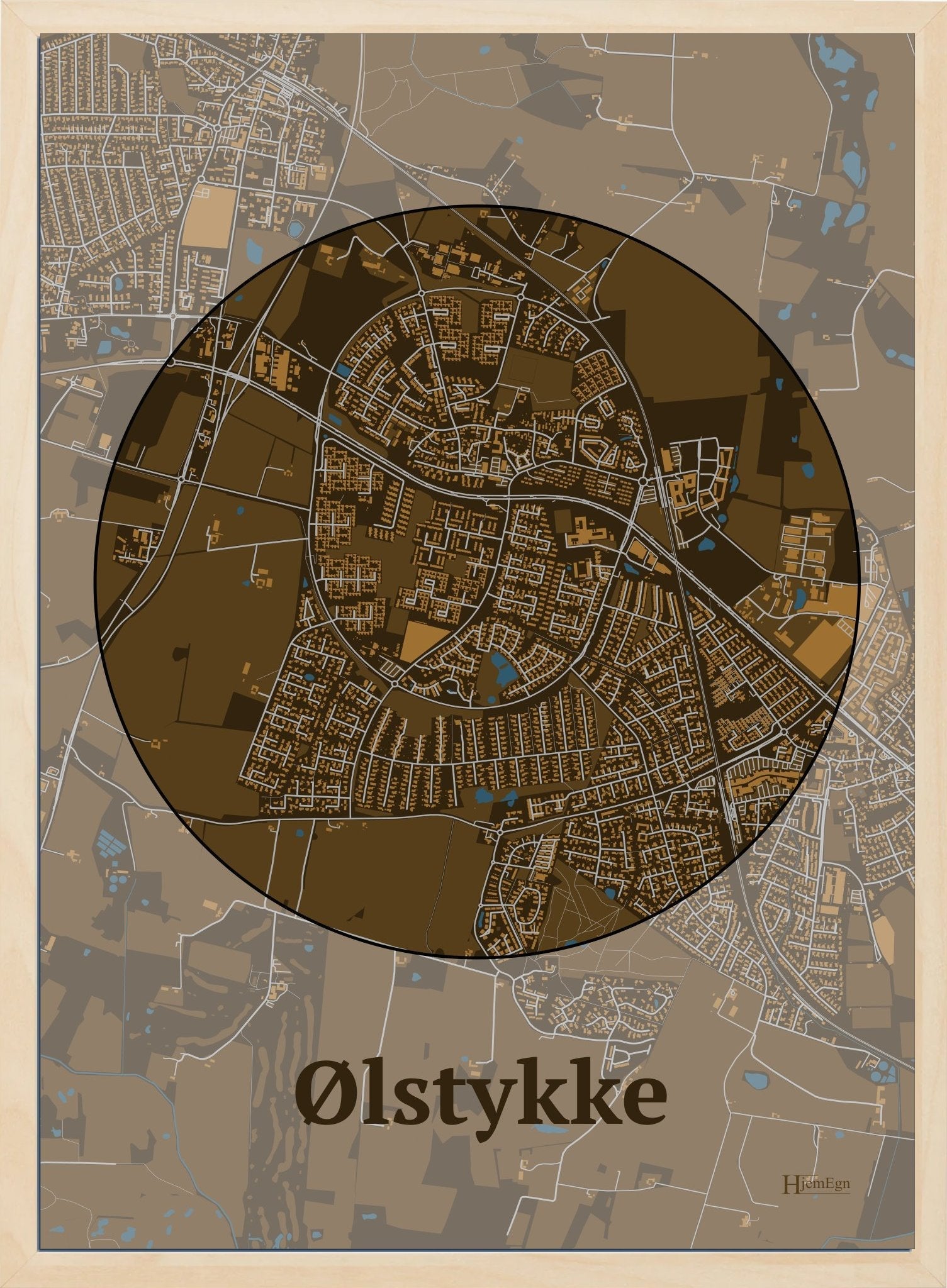 Ølstykke plakat i farve mørk brun og HjemEgn.dk design centrum. Design bykort for Ølstykke