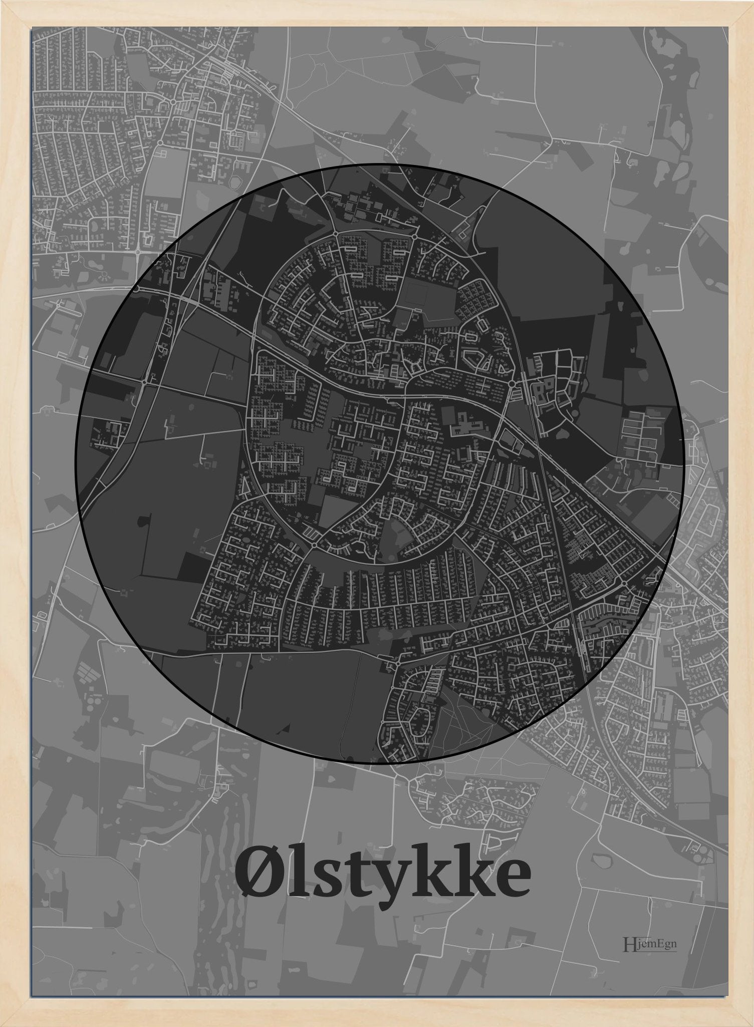 Ølstykke plakat i farve mørk grå og HjemEgn.dk design centrum. Design bykort for Ølstykke