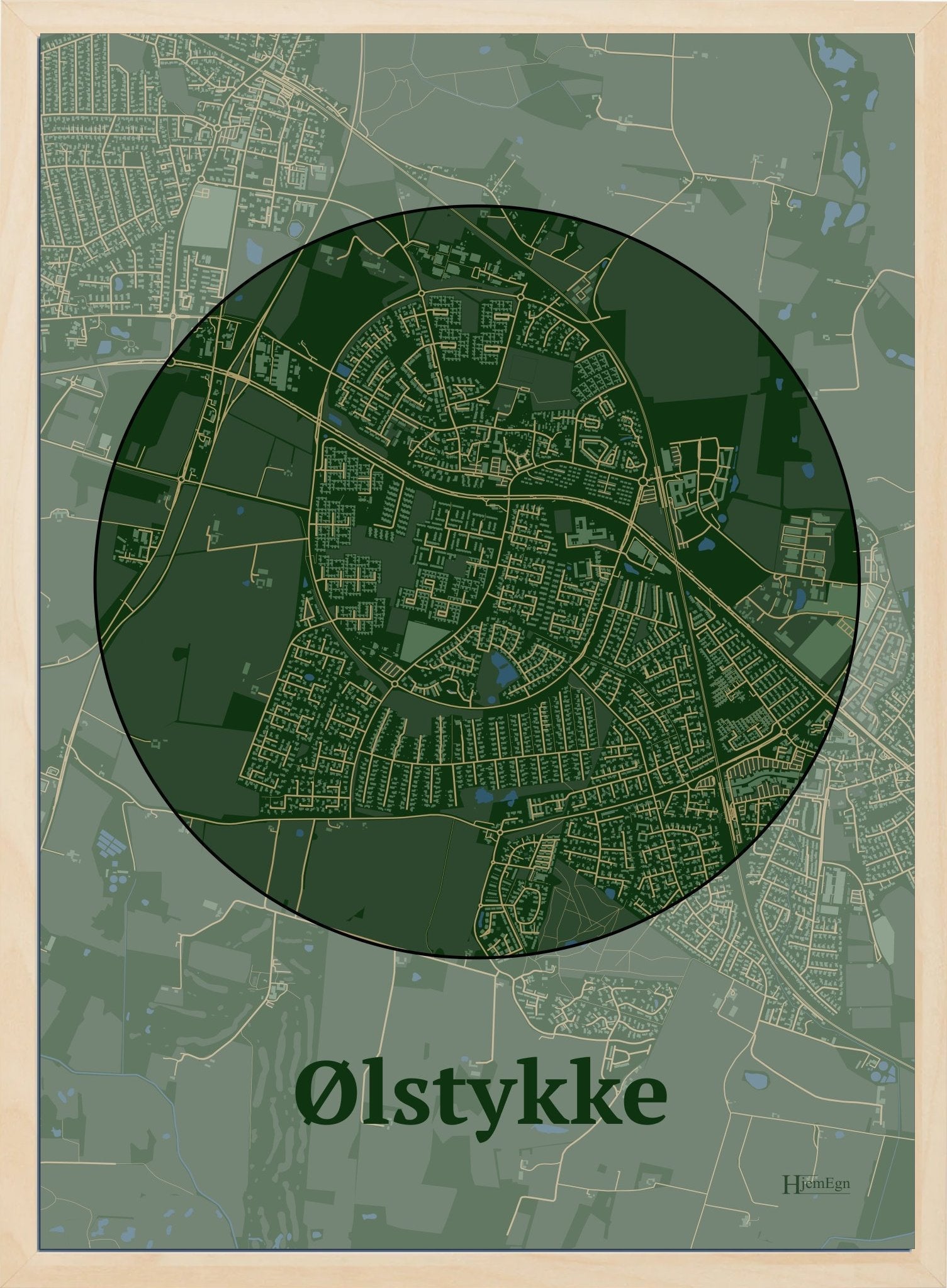 Ølstykke plakat i farve mørk grøn og HjemEgn.dk design centrum. Design bykort for Ølstykke