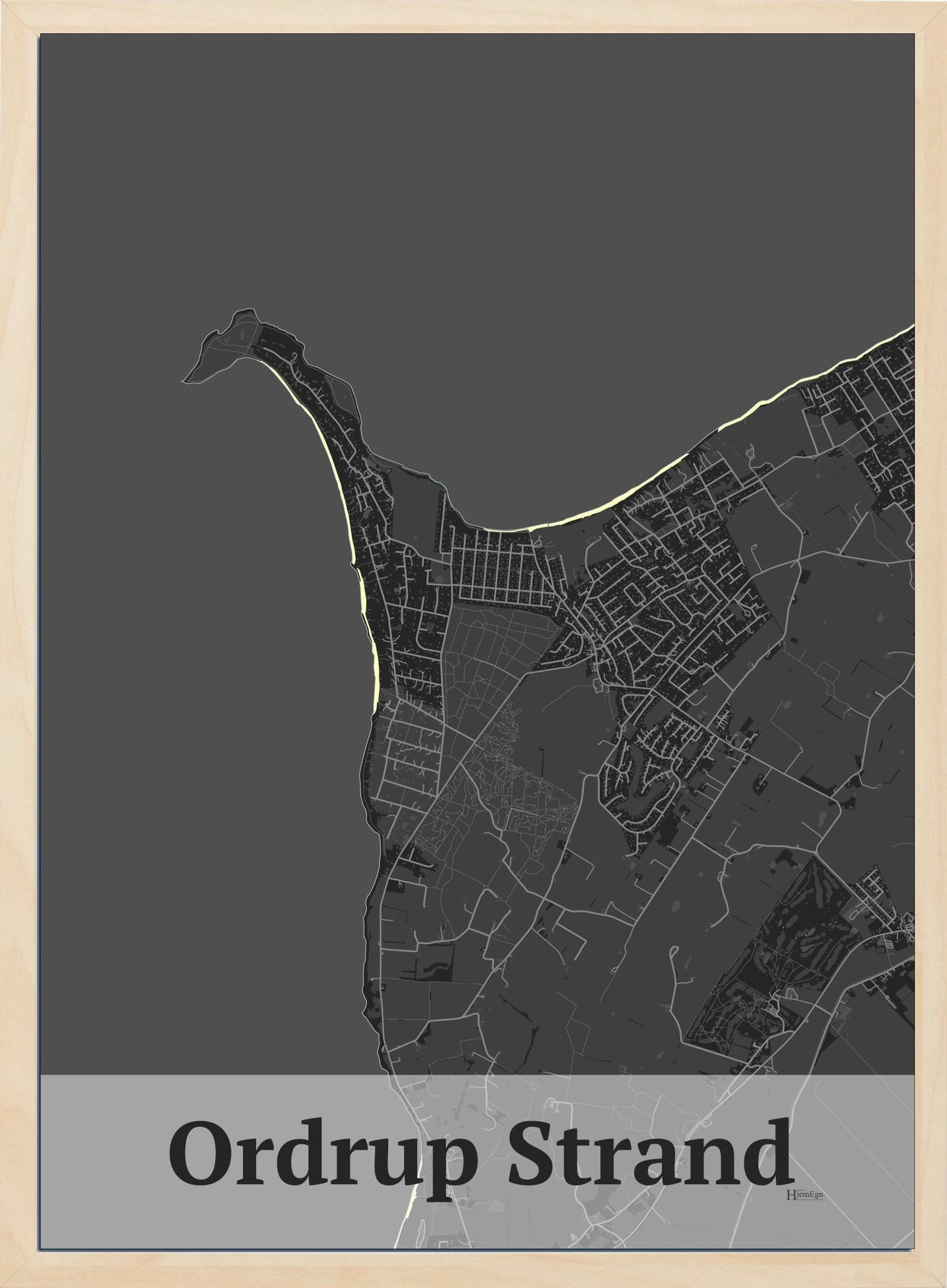 Ordrup Strand plakat i farve mørk grå og HjemEgn.dk design firkantet. Design bykort for Ordrup Strand
