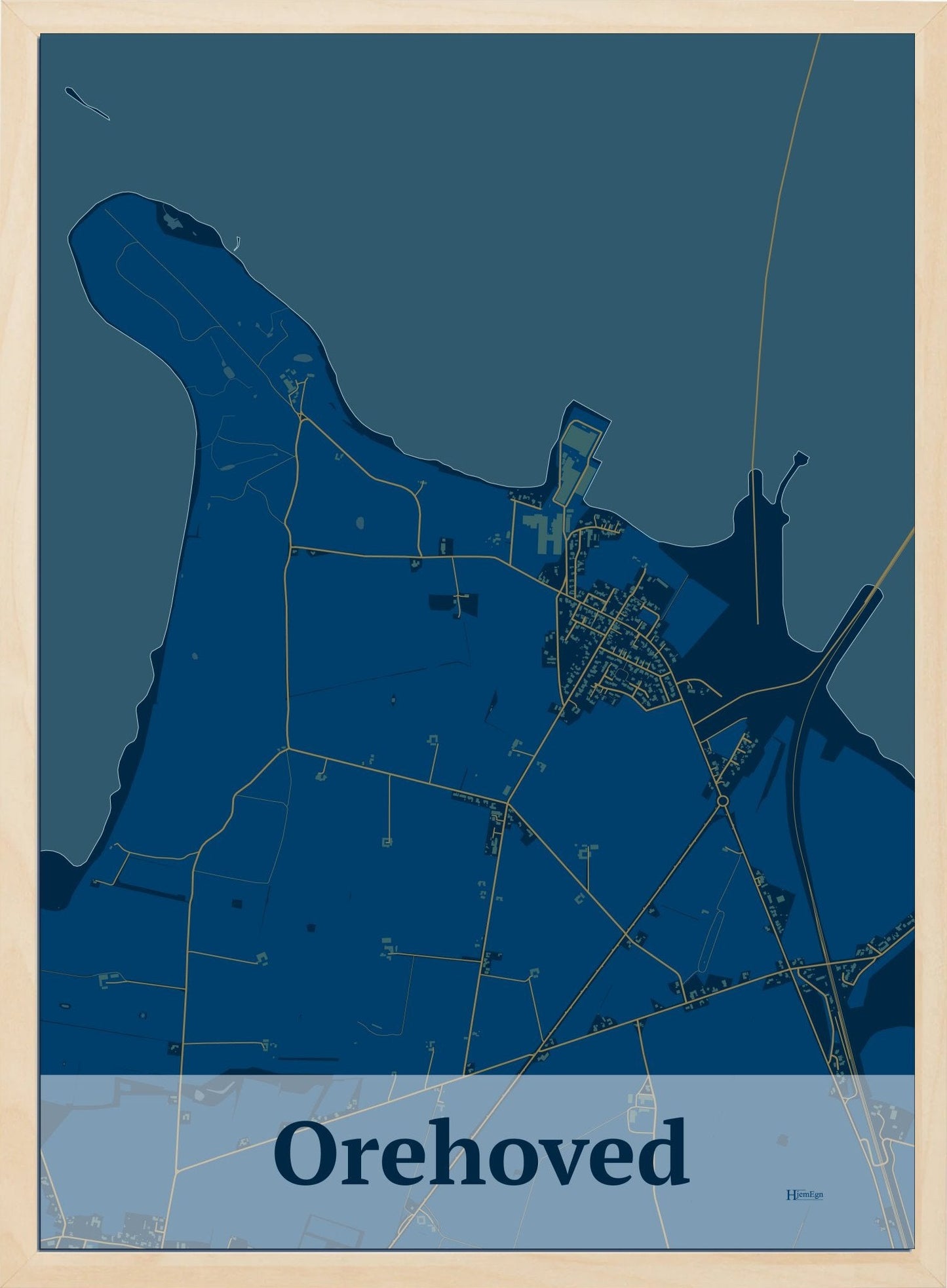 Orehoved plakat i farve mørk blå og HjemEgn.dk design firkantet. Design bykort for Orehoved