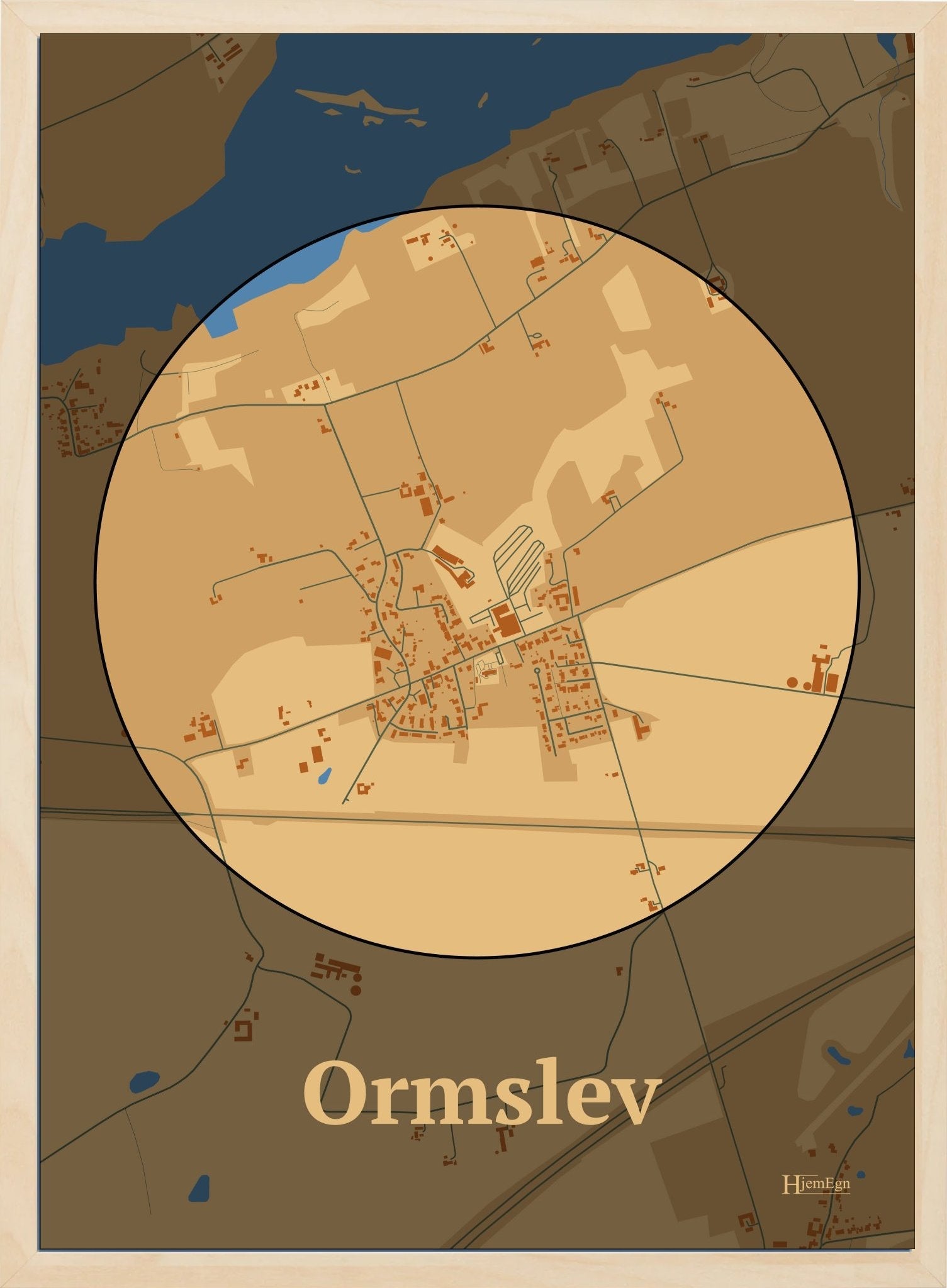 Ormslev plakat i farve pastel brun og HjemEgn.dk design centrum. Design bykort for Ormslev