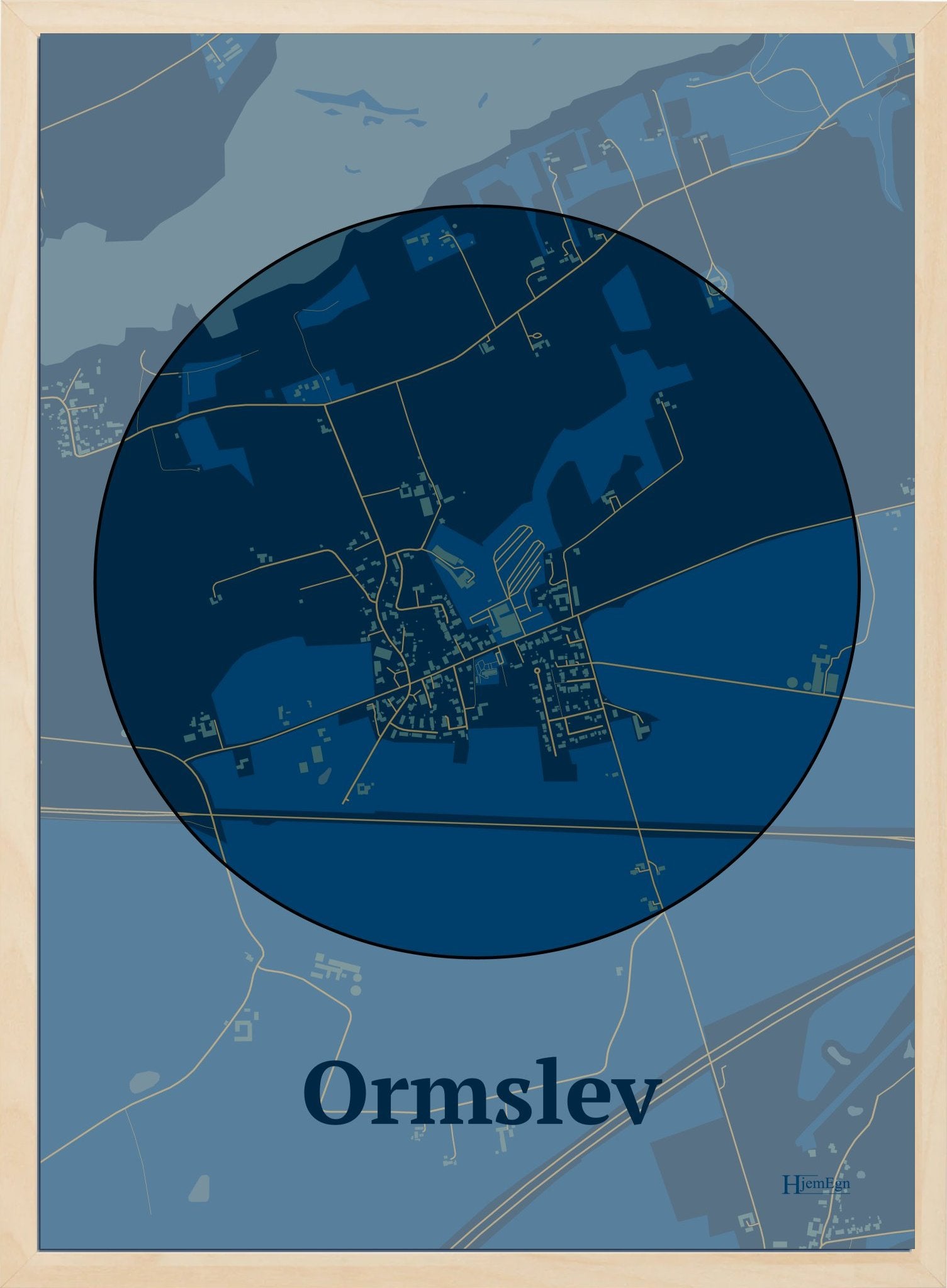 Ormslev plakat i farve mørk blå og HjemEgn.dk design centrum. Design bykort for Ormslev
