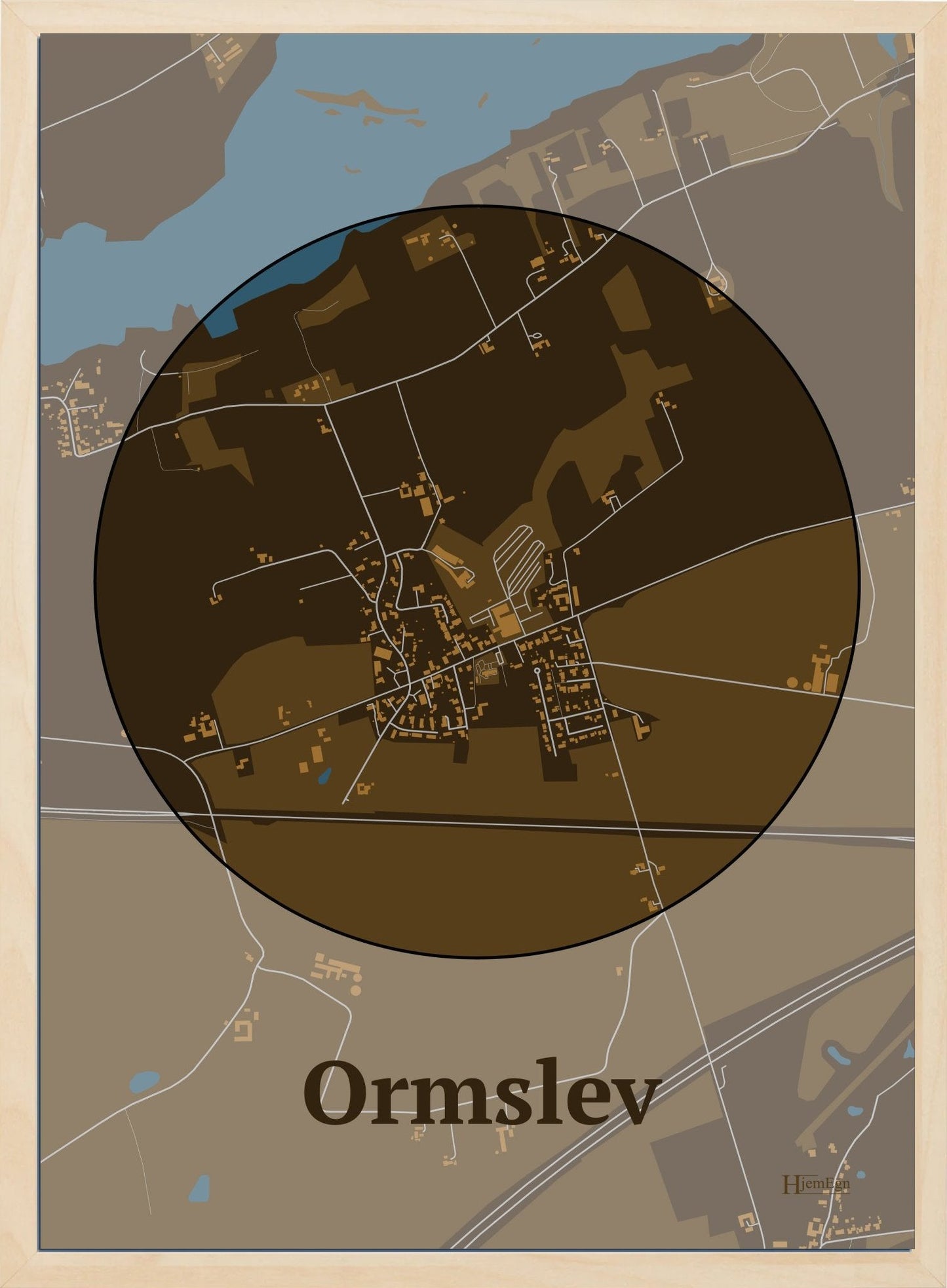 Ormslev plakat i farve mørk brun og HjemEgn.dk design centrum. Design bykort for Ormslev