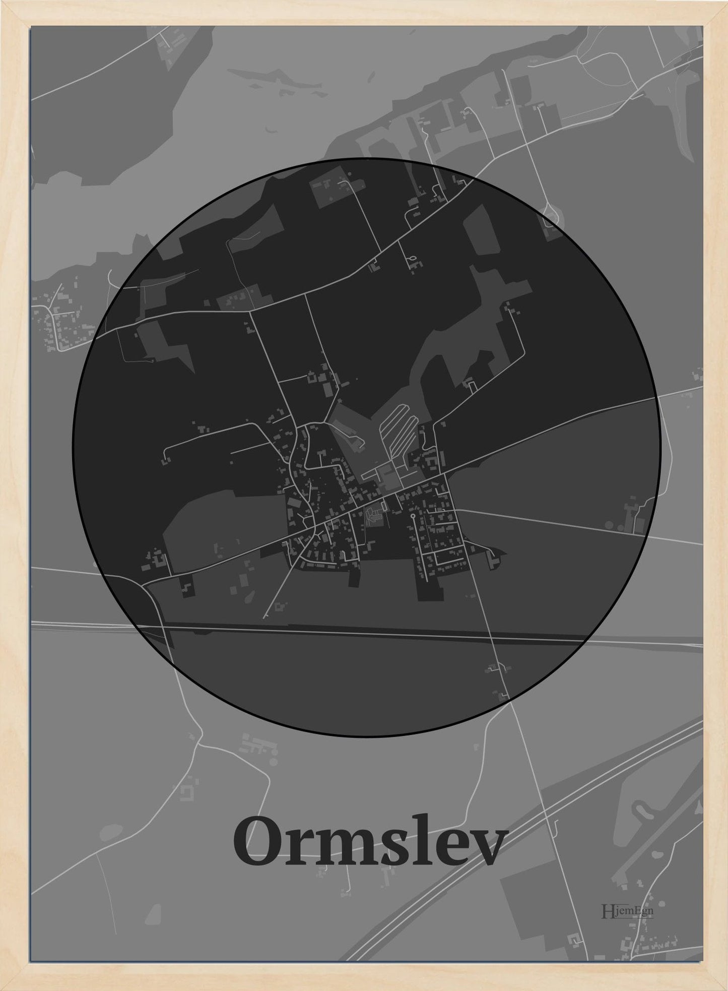 Ormslev plakat i farve mørk grå og HjemEgn.dk design centrum. Design bykort for Ormslev