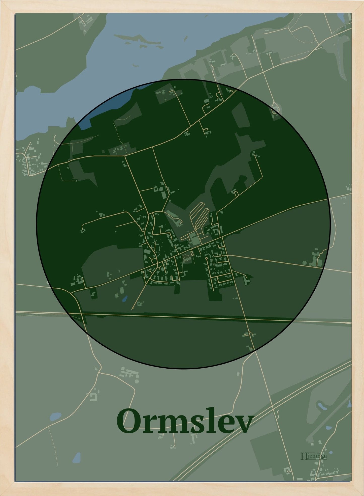 Ormslev plakat i farve mørk grøn og HjemEgn.dk design centrum. Design bykort for Ormslev