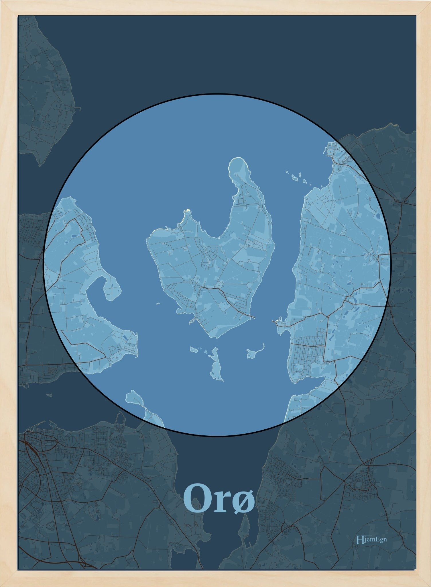 Orø plakat i farve pastel blå og HjemEgn.dk design centrum. Design ø-kort for Orø
