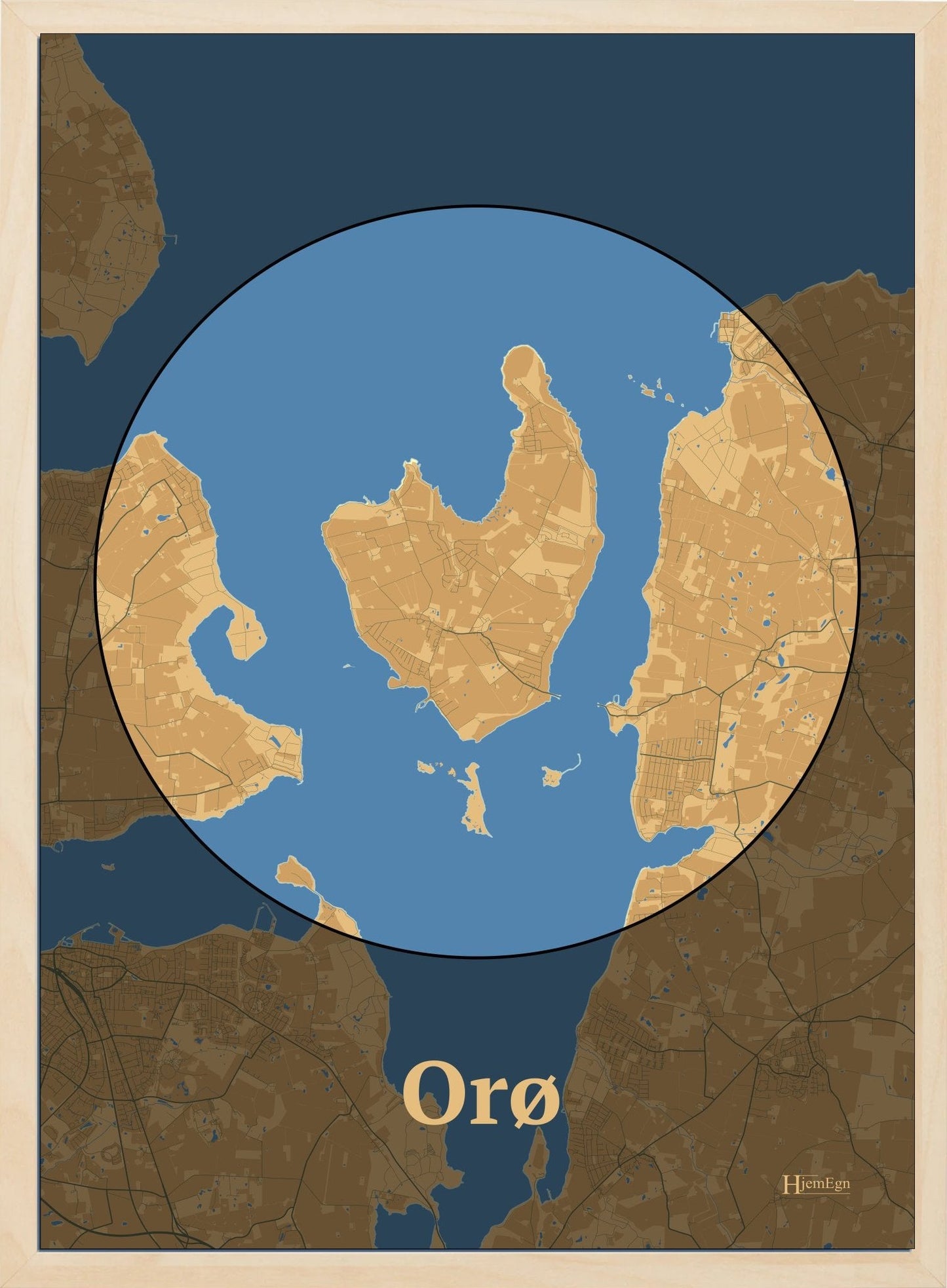 Orø plakat i farve pastel brun og HjemEgn.dk design centrum. Design ø-kort for Orø