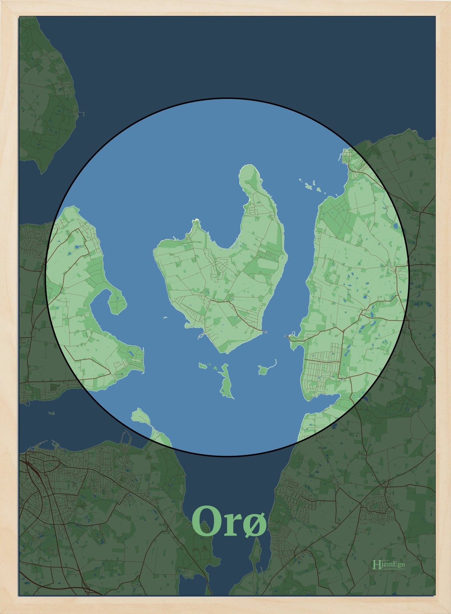 Orø plakat i farve pastel grøn og HjemEgn.dk design centrum. Design ø-kort for Orø