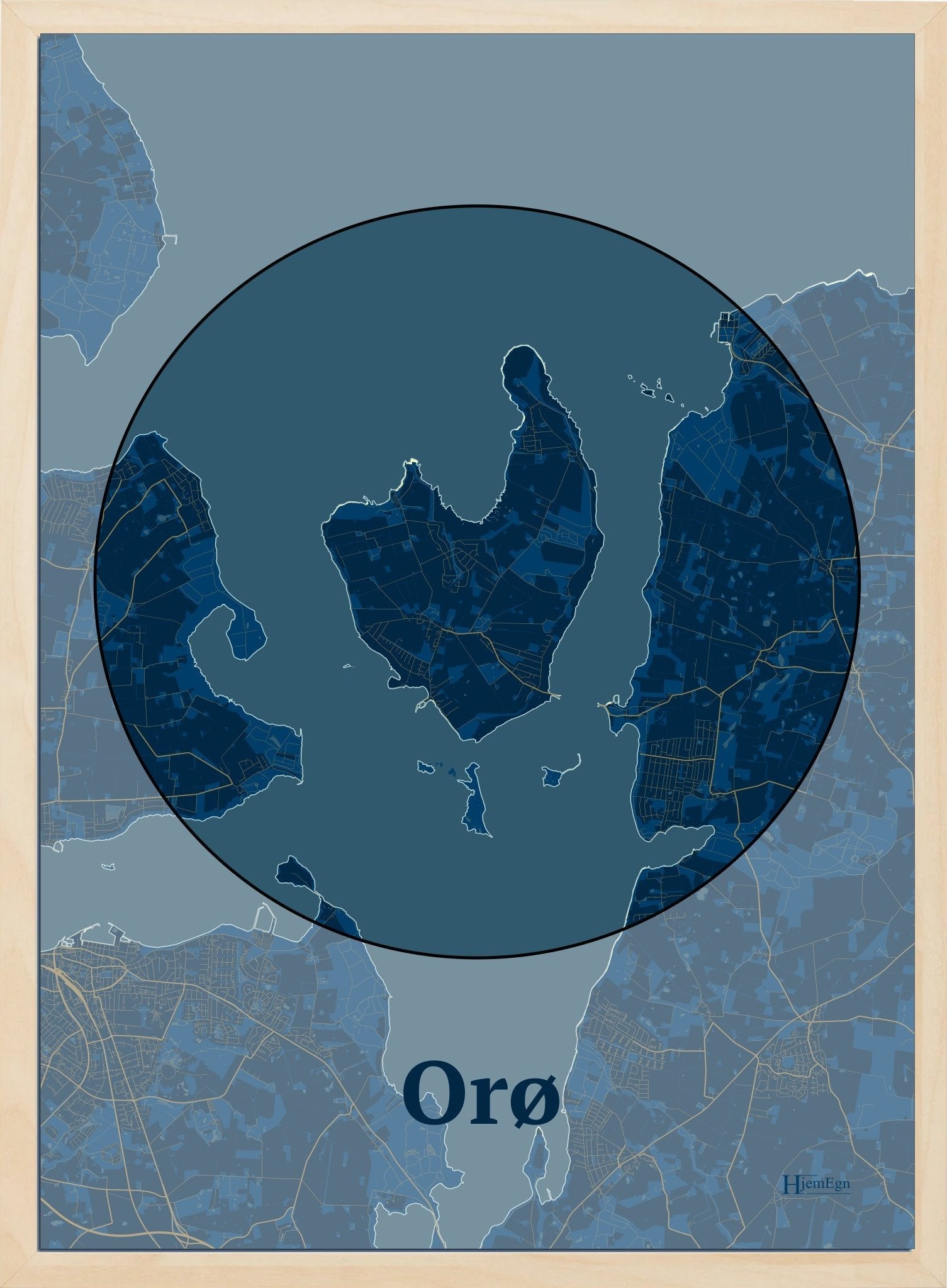 Orø plakat i farve mørk blå og HjemEgn.dk design centrum. Design ø-kort for Orø